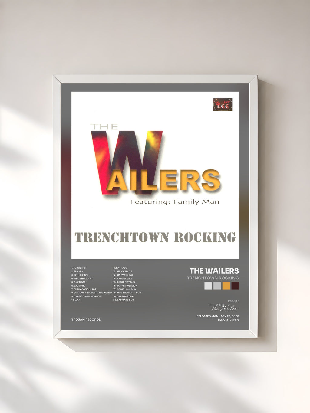 #blanc Tableau de l'album Trenchtown Rocking de The Wailers, cadre blanc, imprimé et encadré en France
