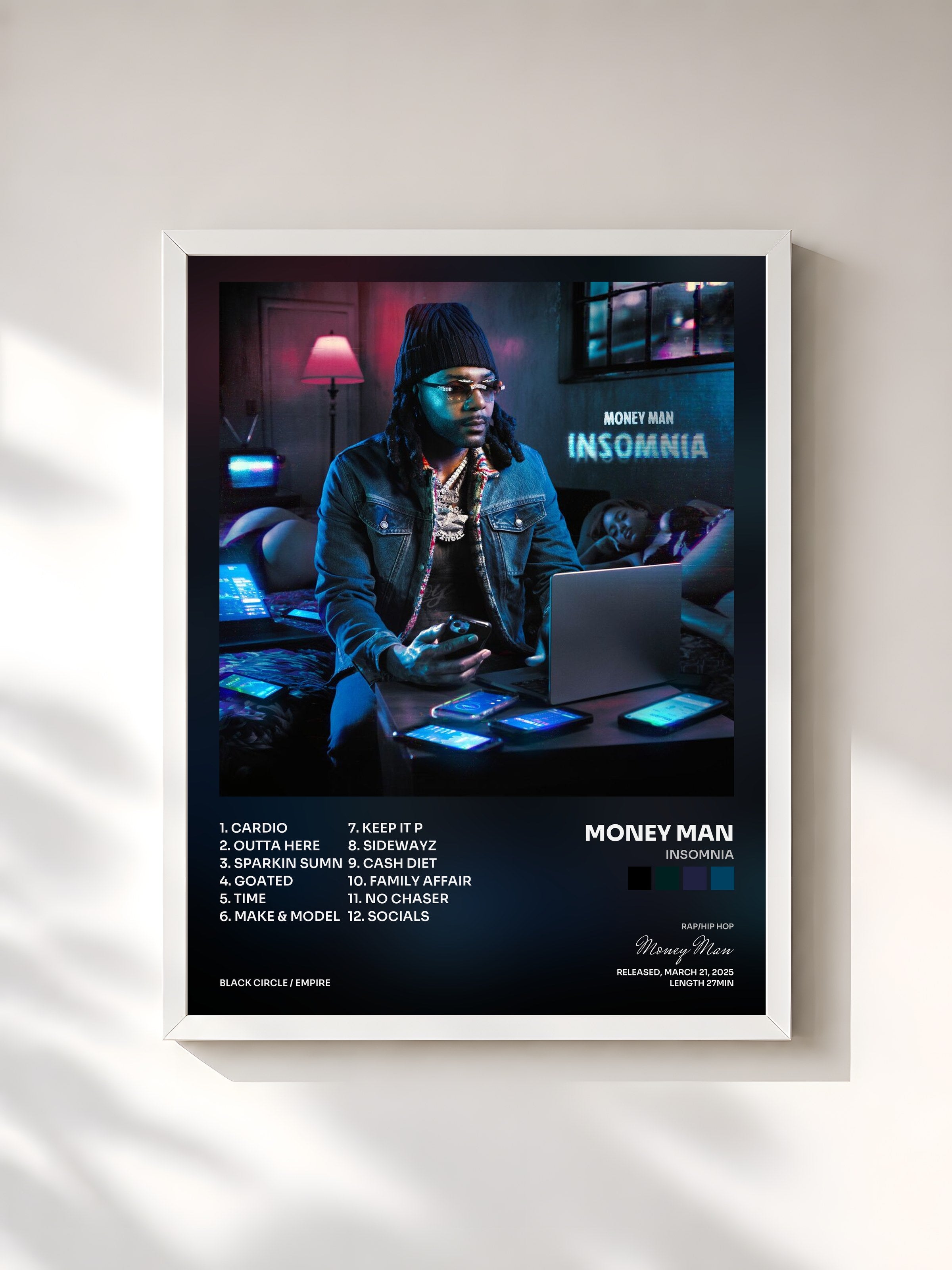 #blanc Tableau de l'album Insomnia de Money Man, cadre blanc, imprimé et encadré en France