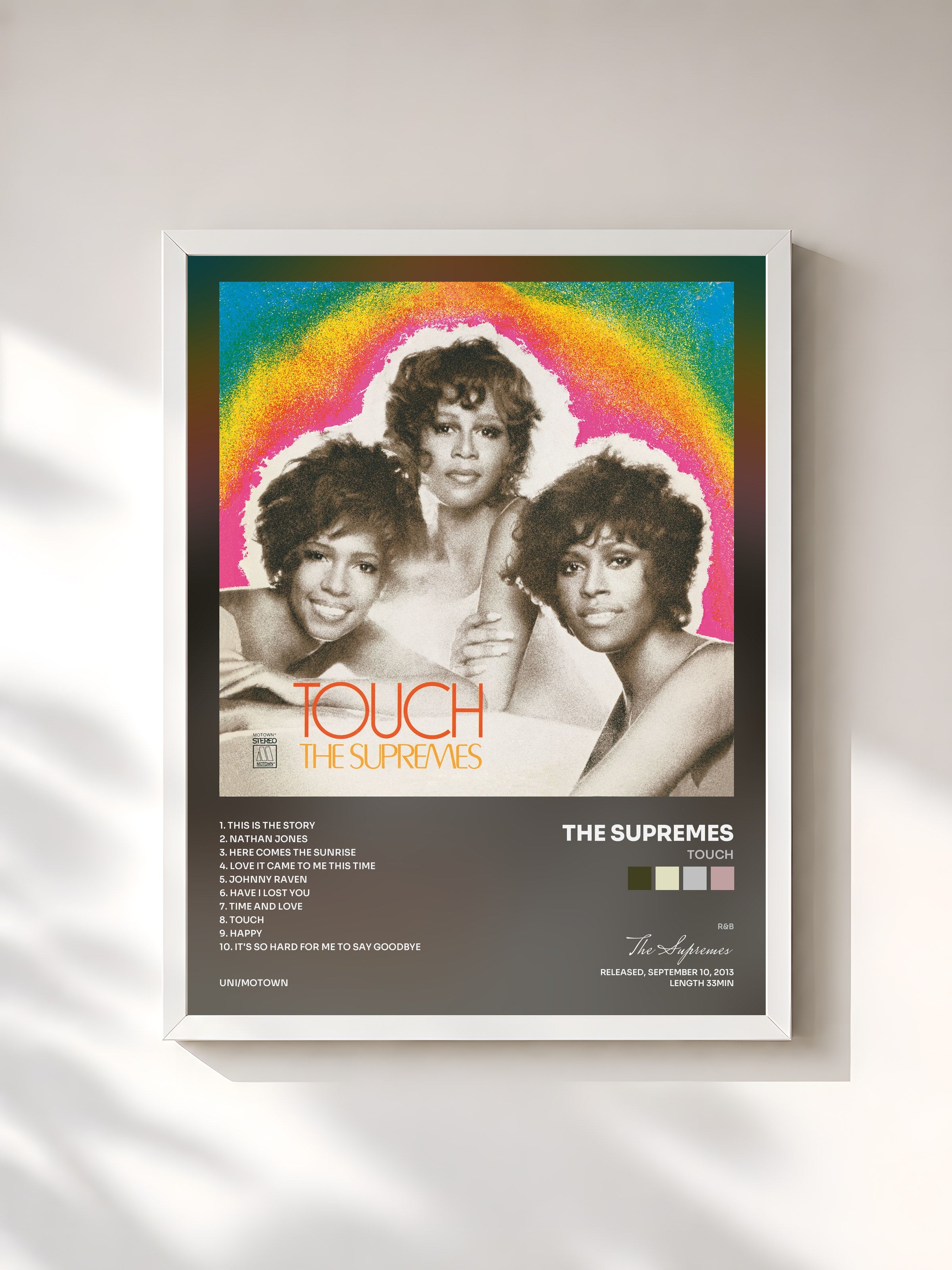 #blanc Tableau de l'album Touch de The Supremes, cadre blanc, imprimé et encadré en France