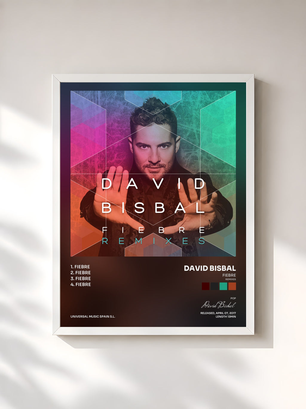 #blanc Tableau de l'album Fiebre (Remixes) de David Bisbal, cadre blanc, imprimé et encadré en France