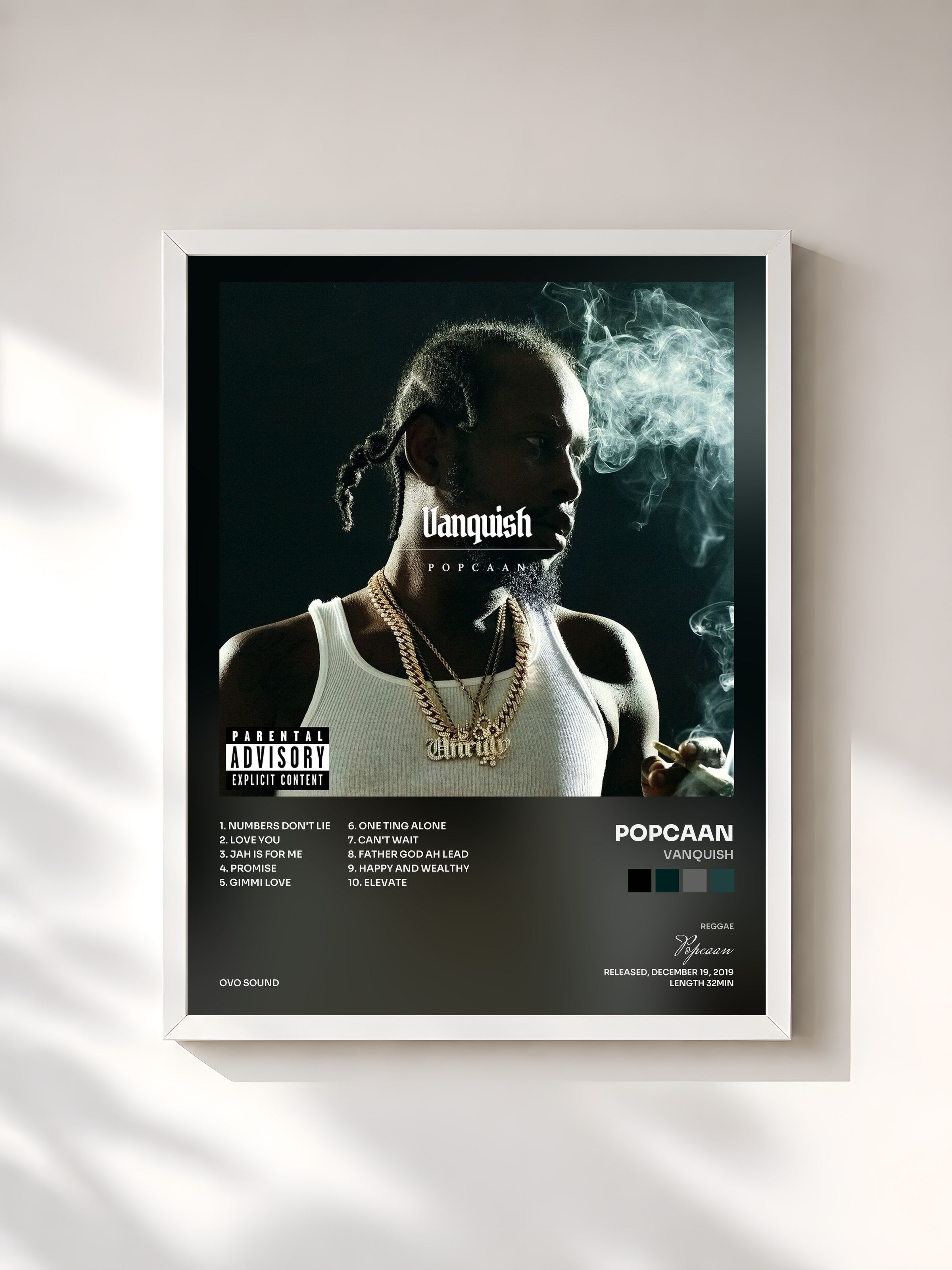 #blanc Tableau de l'album Vanquish de Popcaan, cadre blanc, imprimé et encadré en France