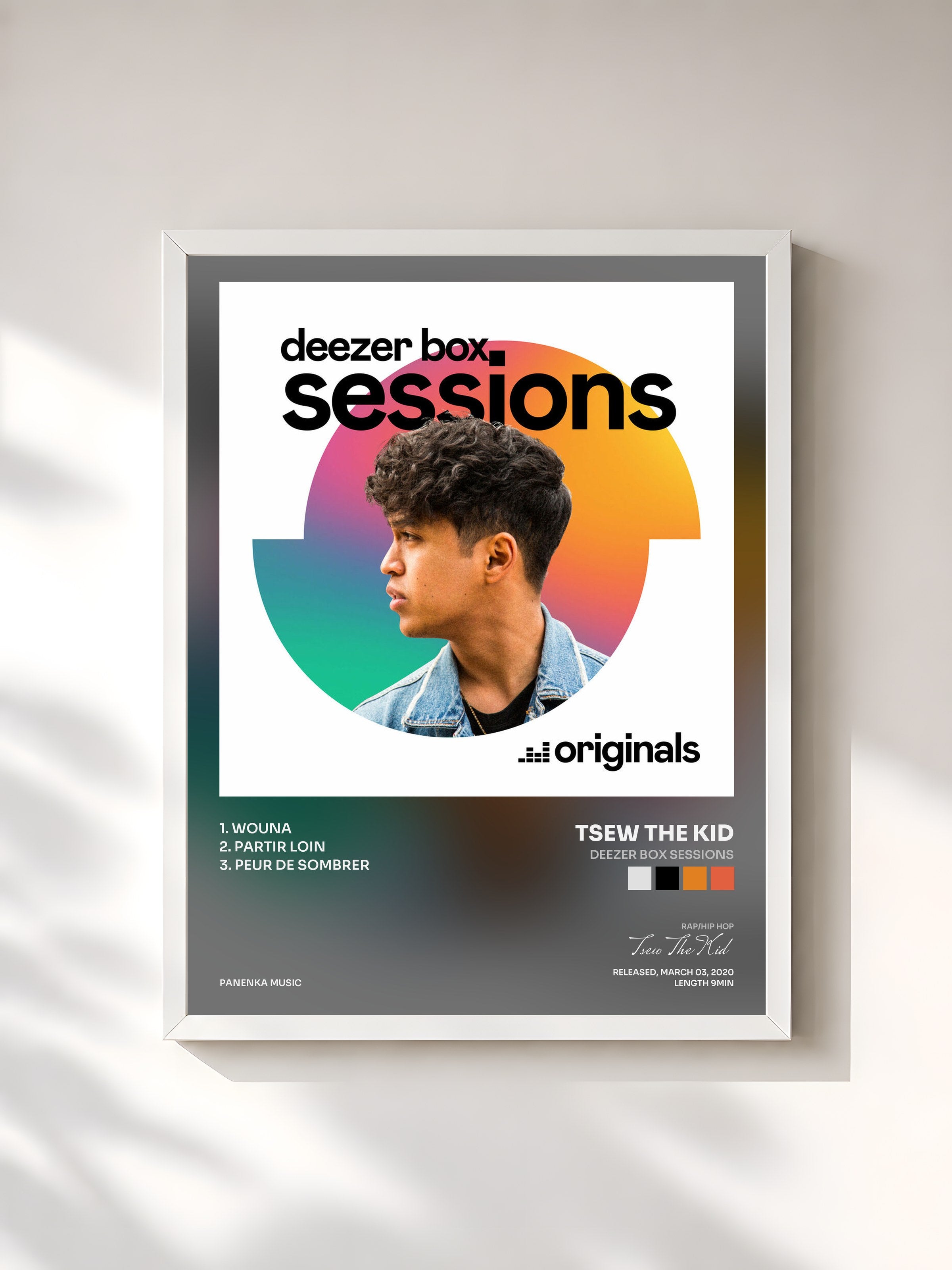 #blanc Tableau de l'album Deezer Box Sessions de Tsew The Kid, cadre blanc, imprimé et encadré en France