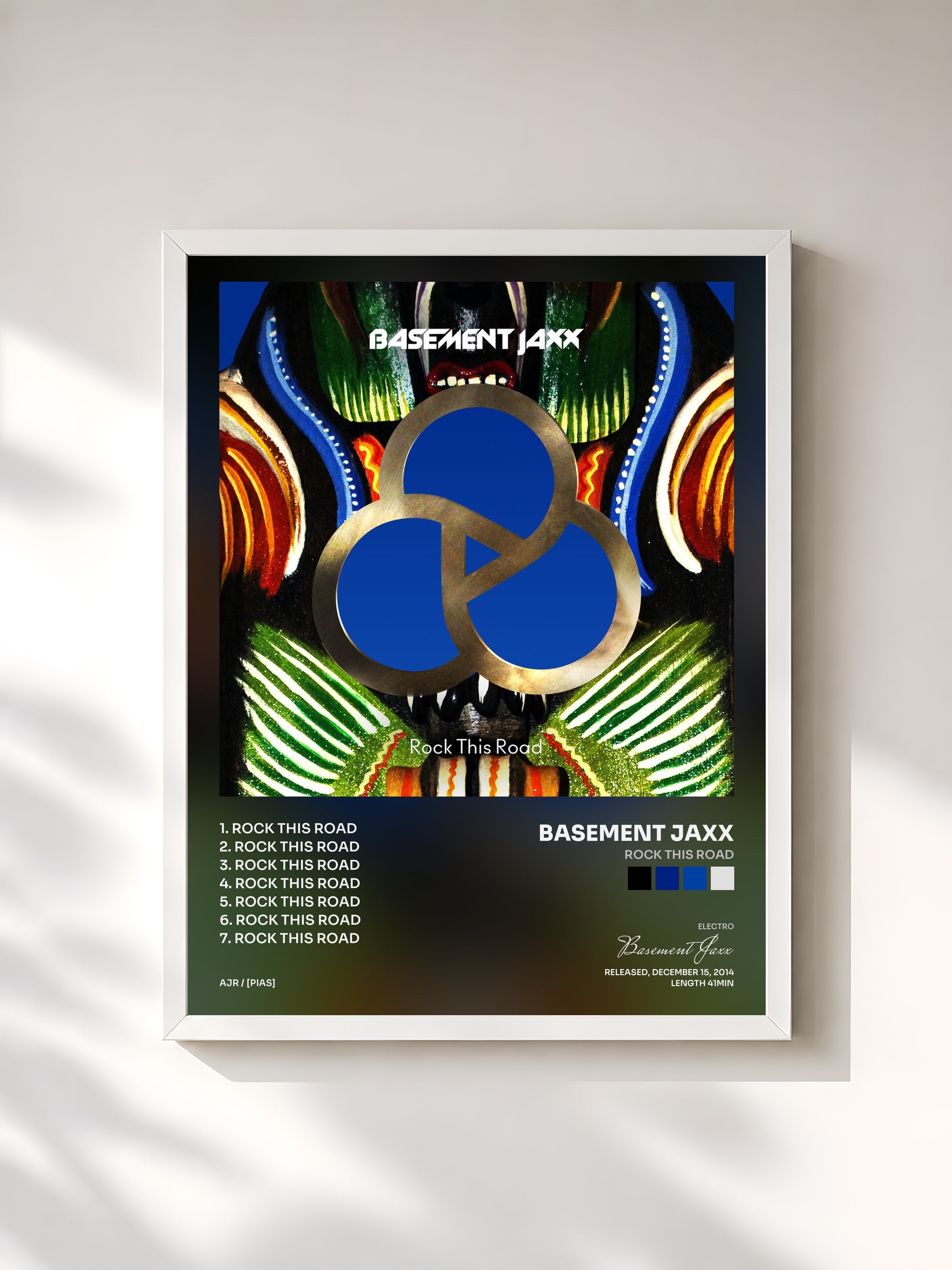 #blanc Tableau de l'album Rock This Road de Basement Jaxx, cadre blanc, imprimé et encadré en France