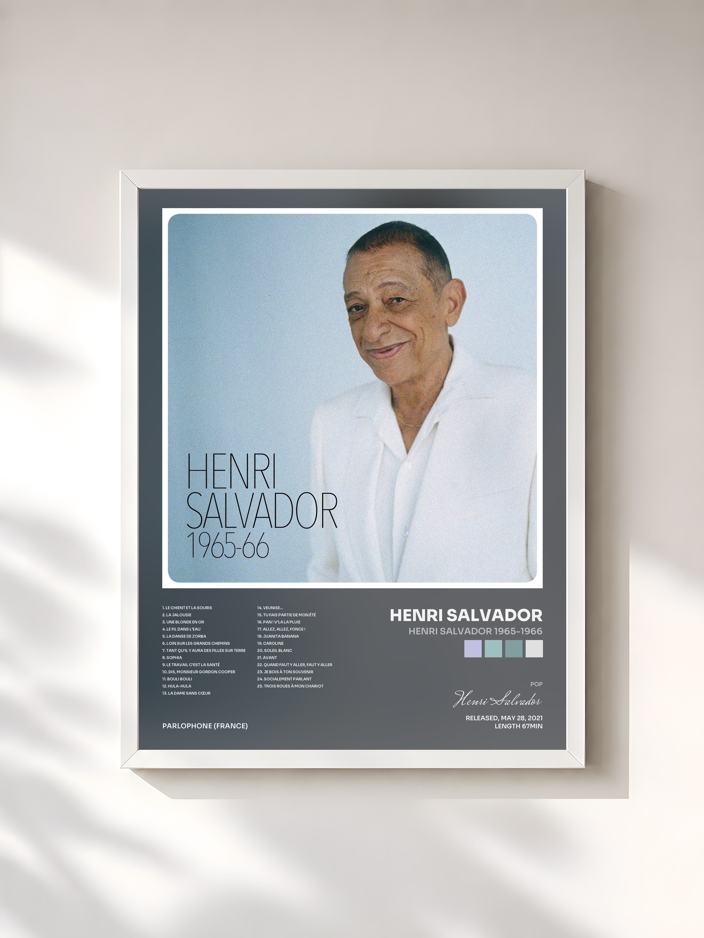 #blanc Tableau de l'album Henri Salvador 1965-1966 de Henri Salvador, cadre blanc, imprimé et encadré en France