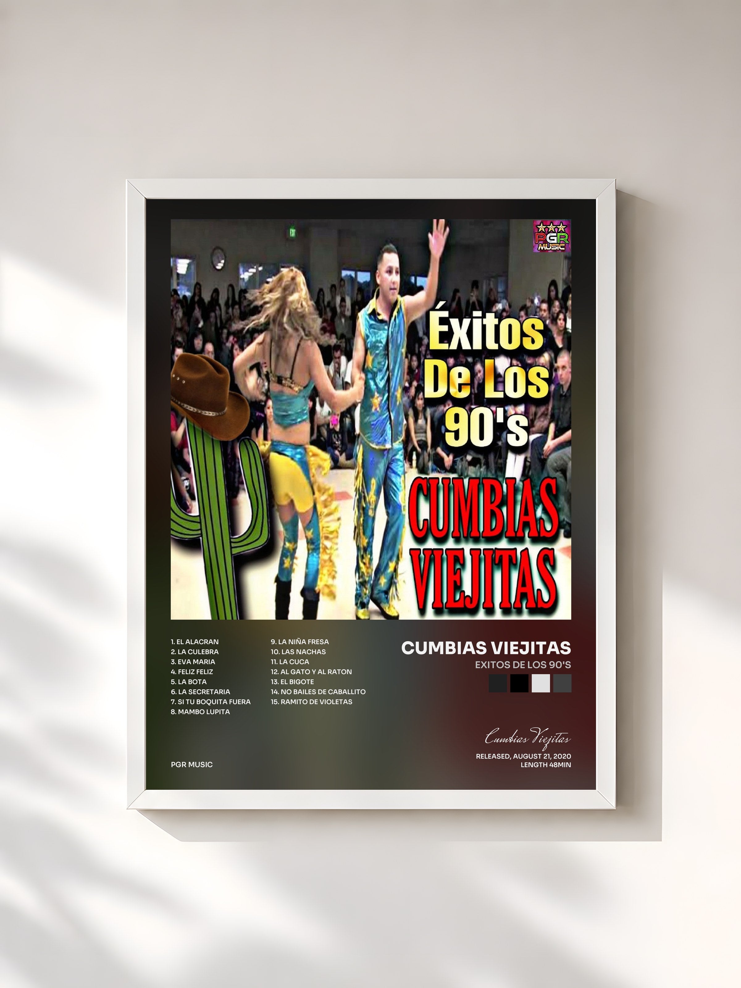 #blanc Tableau de l'album Exitos De Los 90's de Cumbias Viejitas, cadre blanc, imprimé et encadré en France