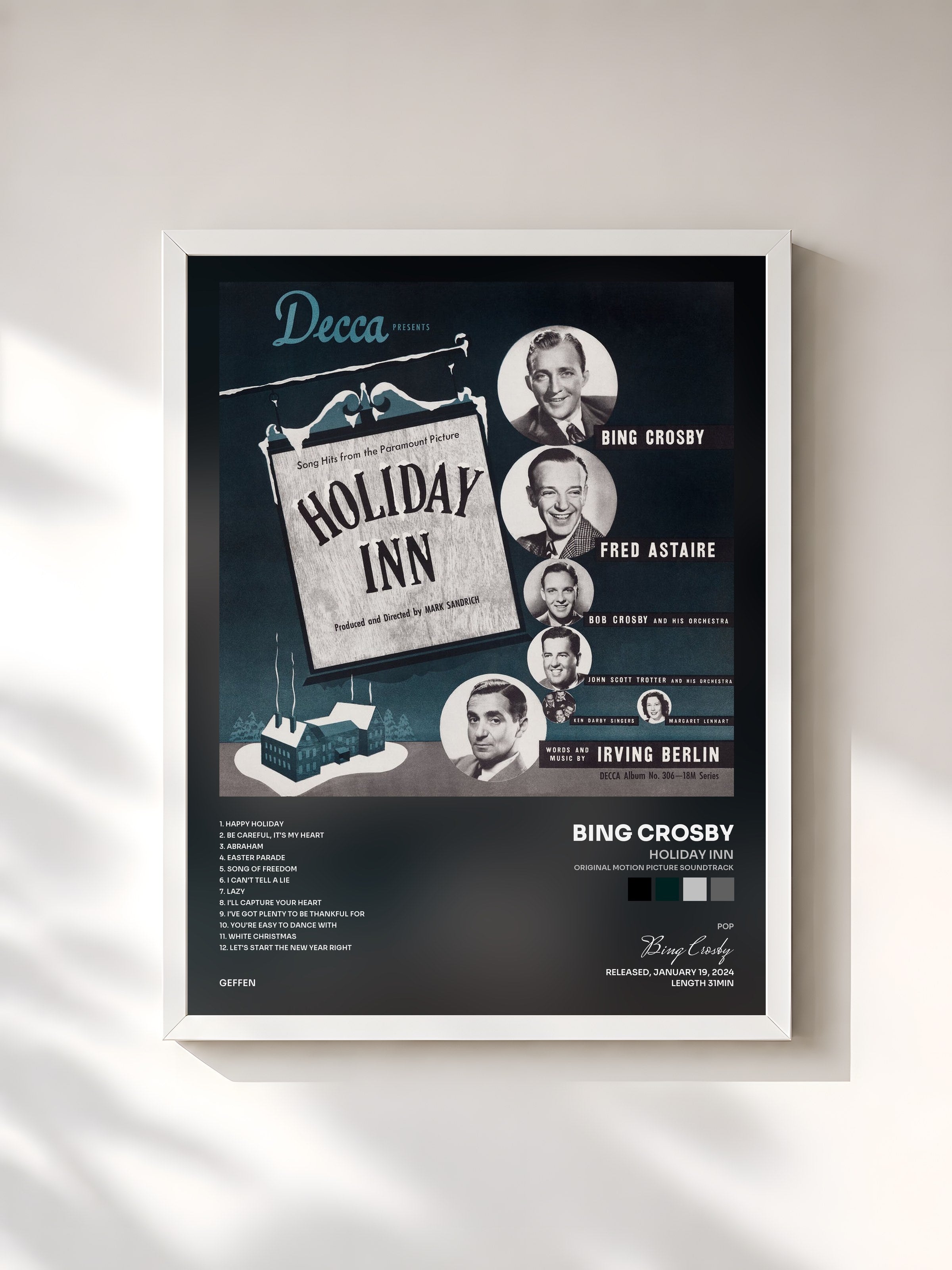 #blanc Tableau de l'album Holiday Inn (Original Motion Picture Soundtrack) de Bing Crosby, cadre blanc, imprimé et encadré en France