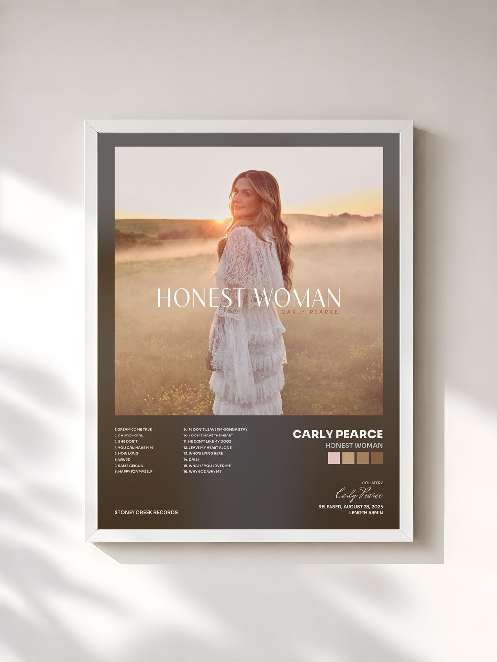#blanc Tableau de l'album Honest Woman de Carly Pearce, cadre blanc, imprimé et encadré en France