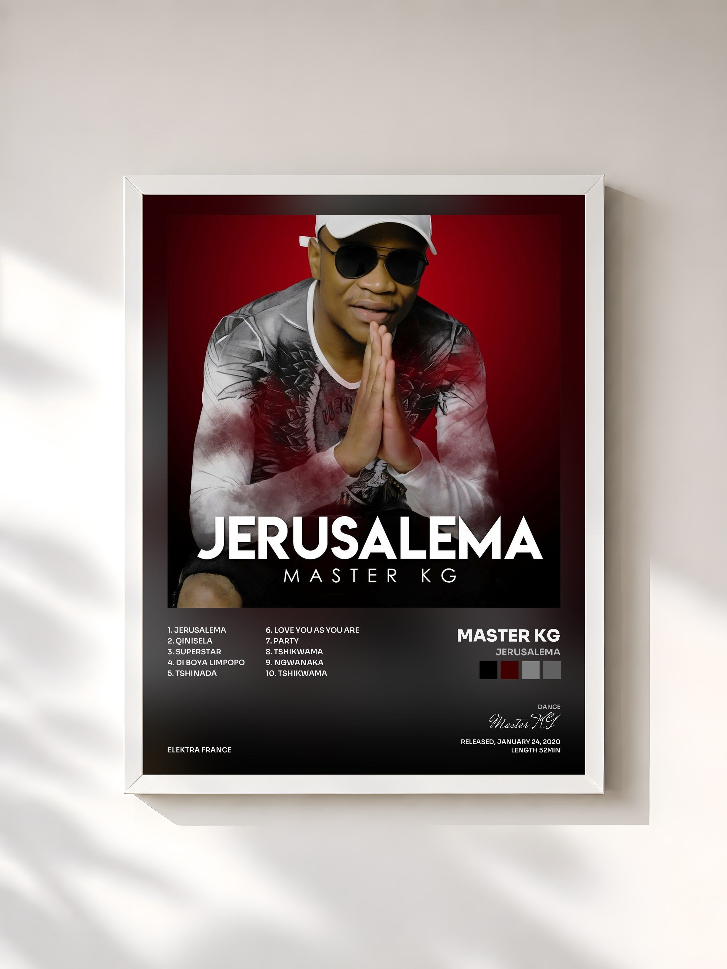#blanc Tableau de l'album Jerusalema de Master KG, cadre blanc, imprimé et encadré en France