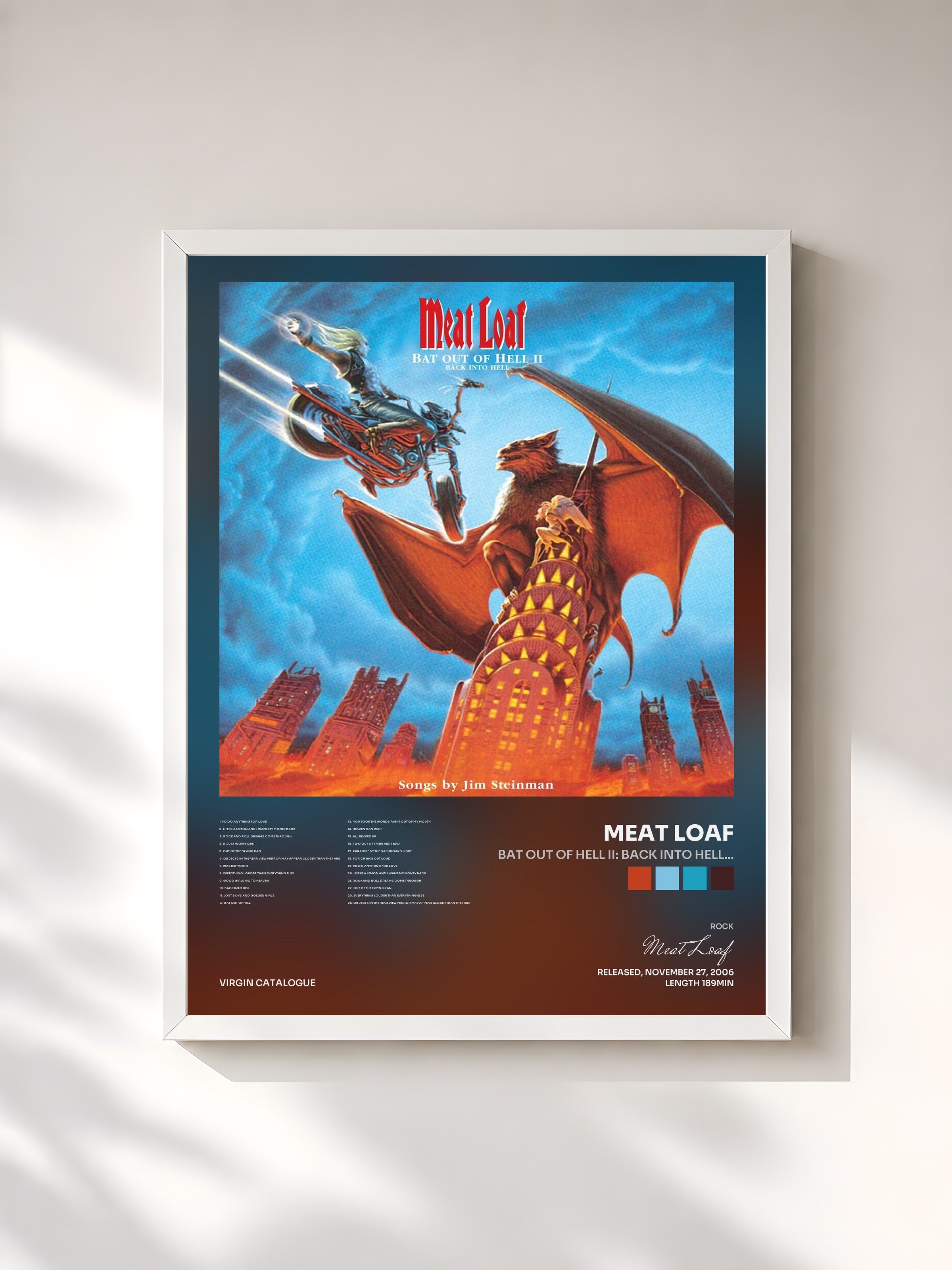 #blanc Tableau de l'album Bat Out Of Hell II: Back Into Hell... de Meat Loaf, cadre blanc, imprimé et encadré en France