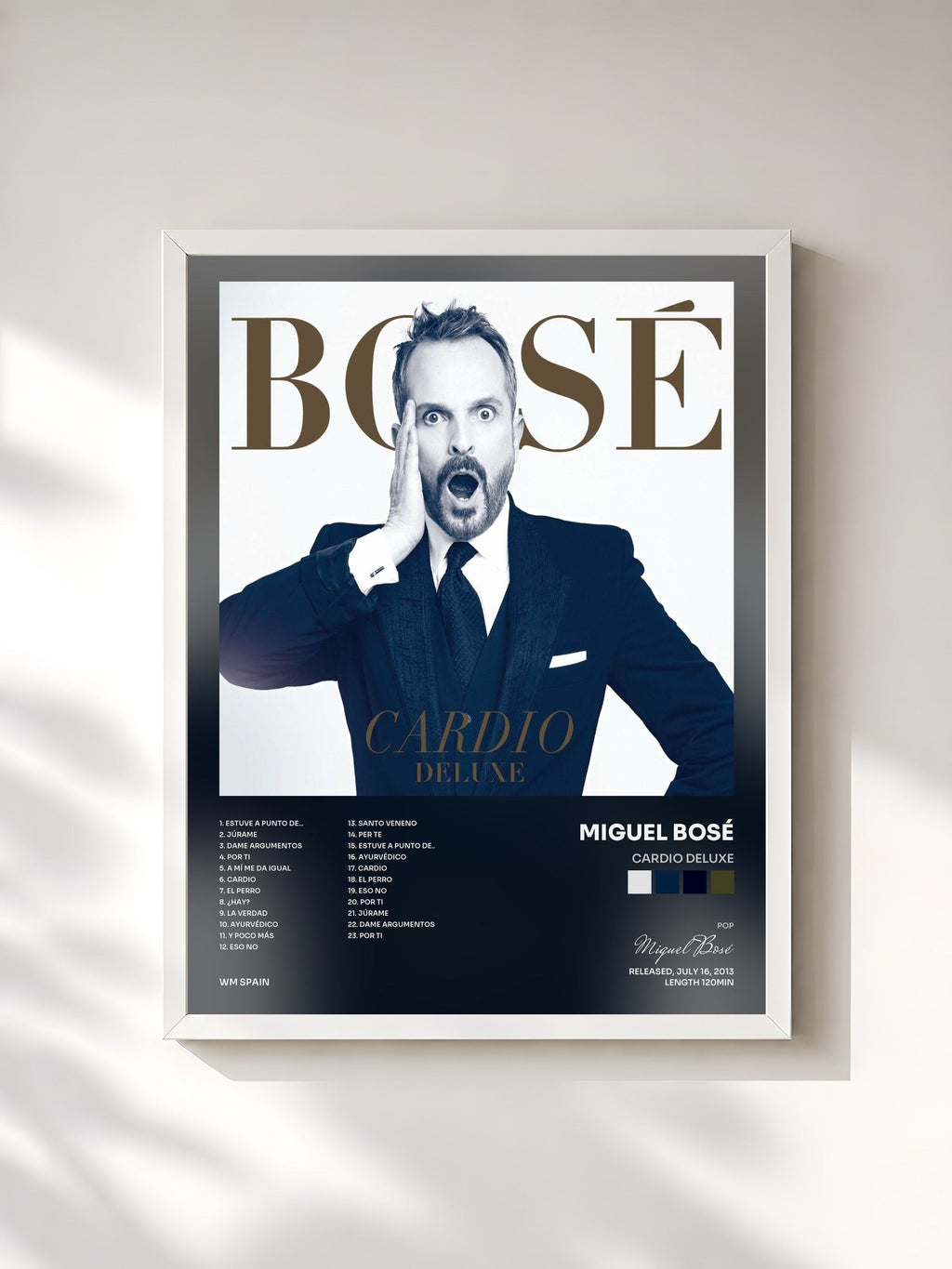 #blanc Cardio Deluxe by Miguel Bosé as a framed art print, white frame, printed and framed in France