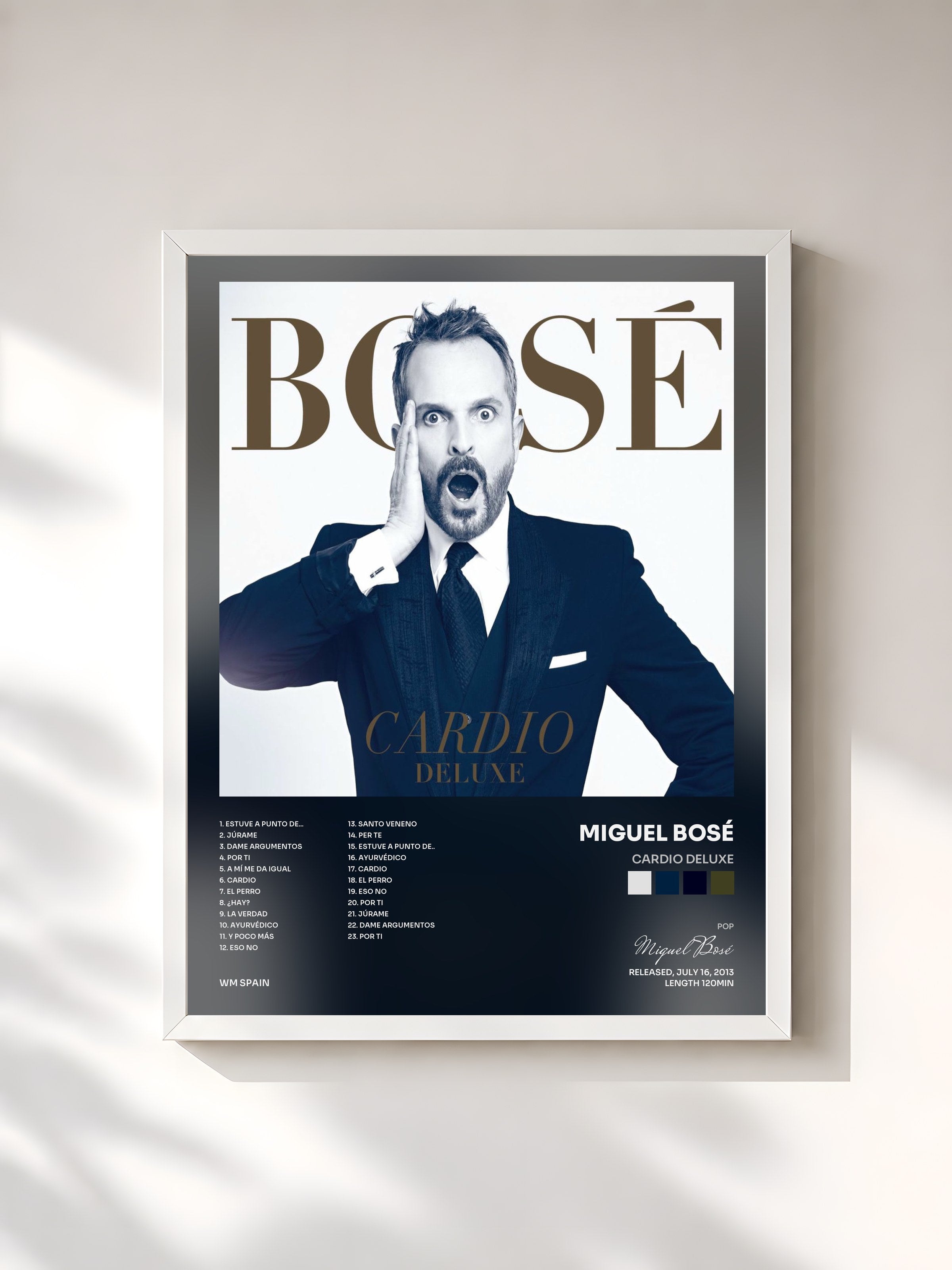 #blanc Tableau de l'album Cardio Deluxe de Miguel Bosé, cadre blanc, imprimé et encadré en France