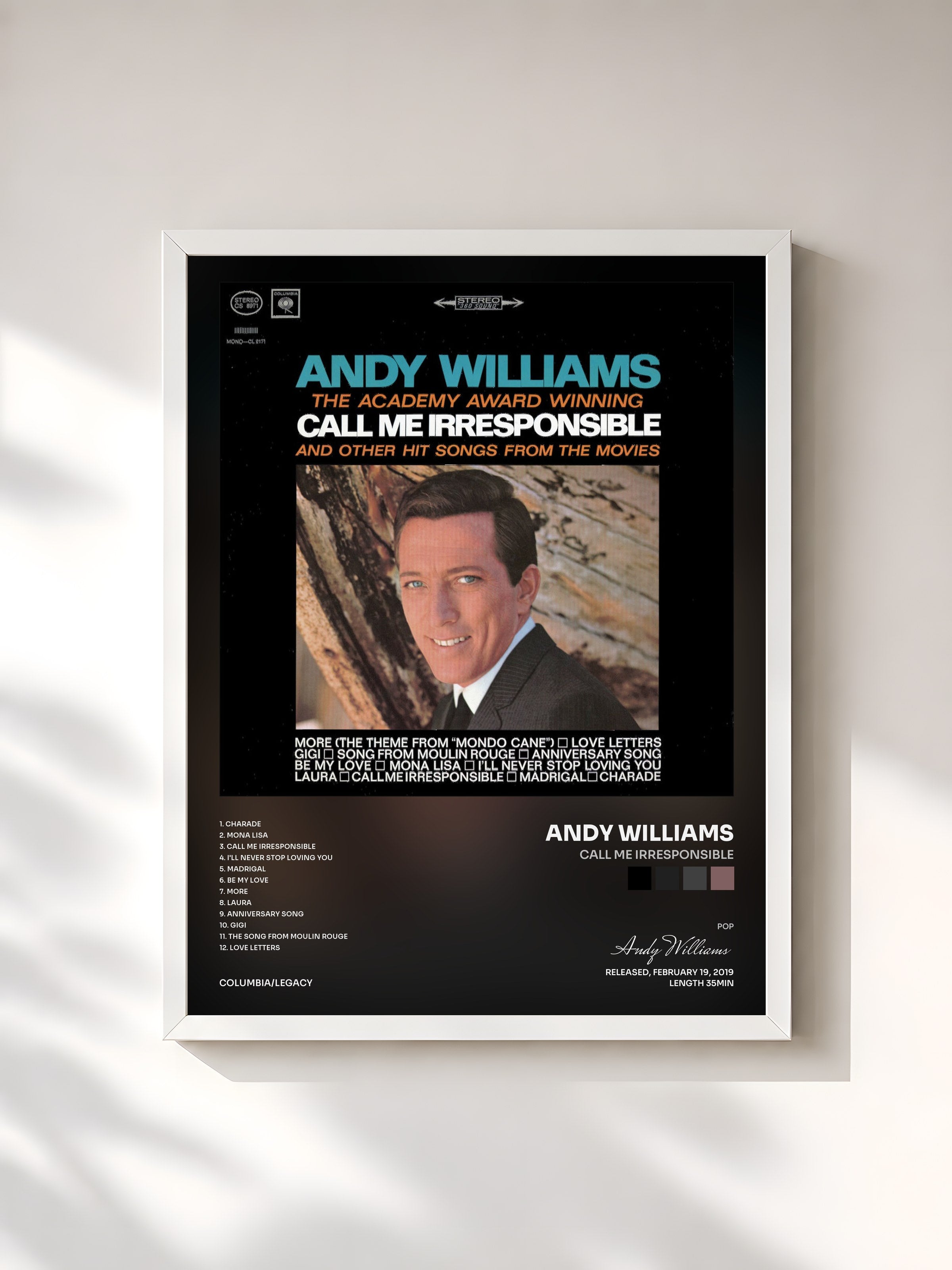 #blanc Tableau de l'album Call Me Irresponsible de Andy Williams, cadre blanc, imprimé et encadré en France