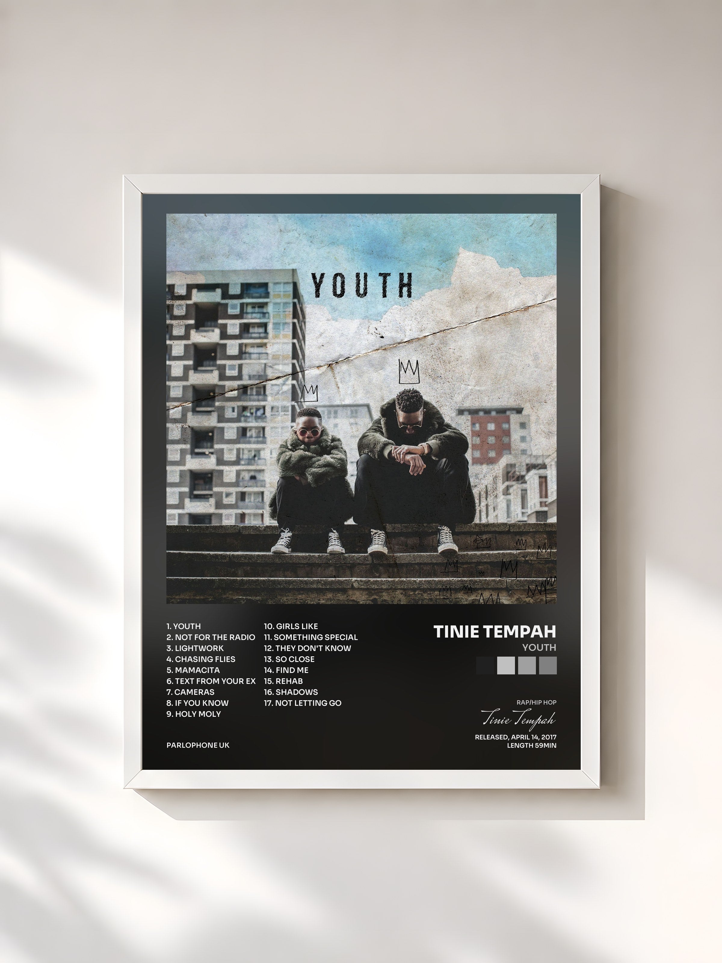 #blanc Tableau de l'album YOUTH de Tinie Tempah, cadre blanc, imprimé et encadré en France