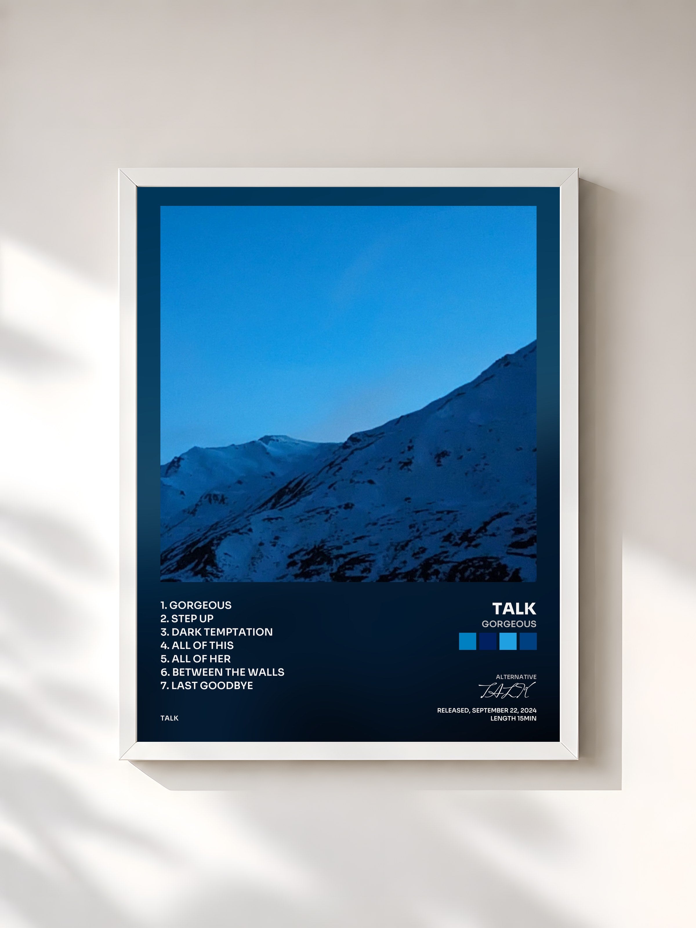 #blanc Tableau de l'album Gorgeous de TALK, cadre blanc, imprimé et encadré en France