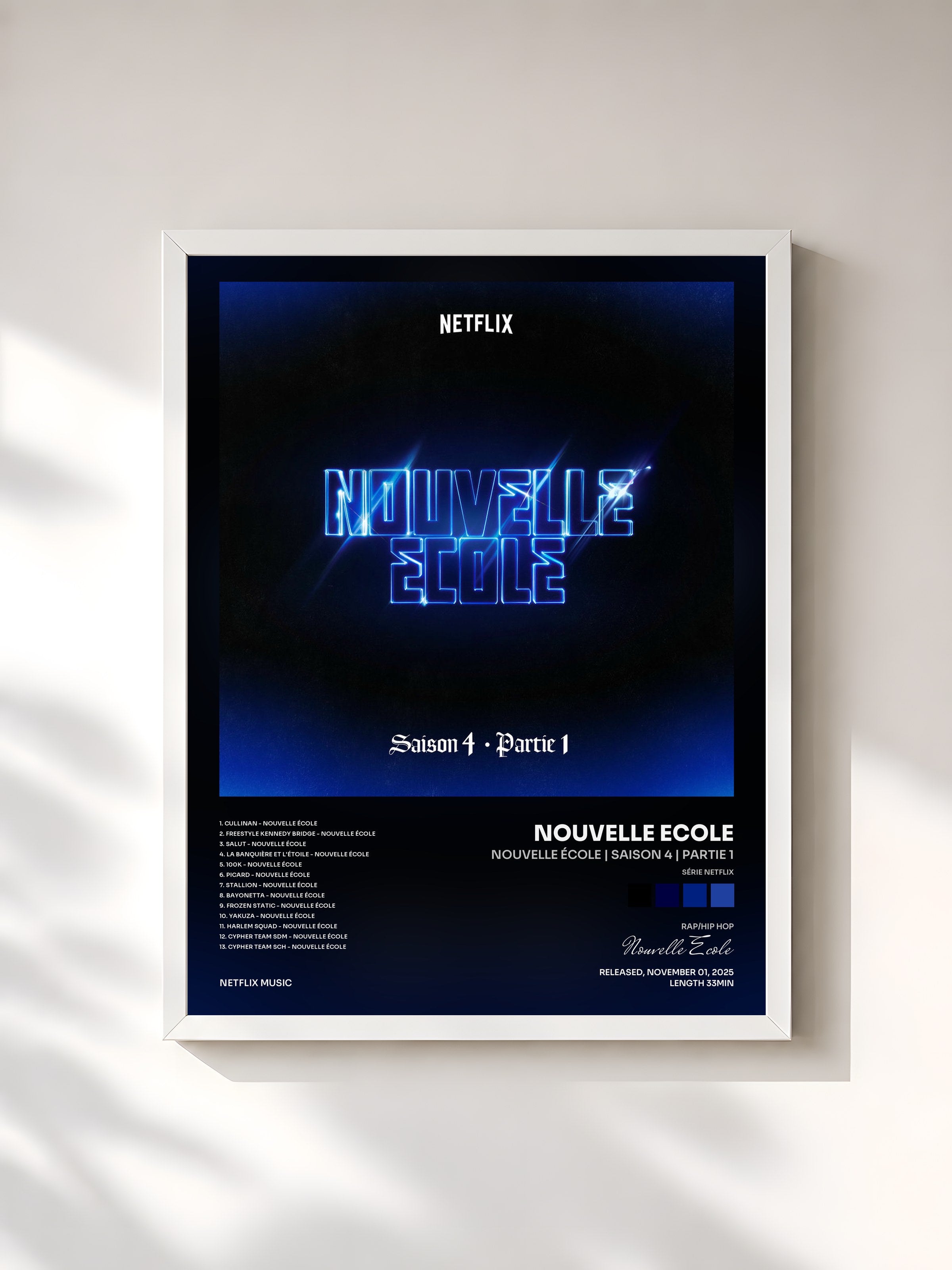 #blanc Tableau de l'album Nouvelle École | Saison 4 | Partie 1 (Série Netflix) de Nouvelle Ecole, cadre blanc, imprimé et encadré en France