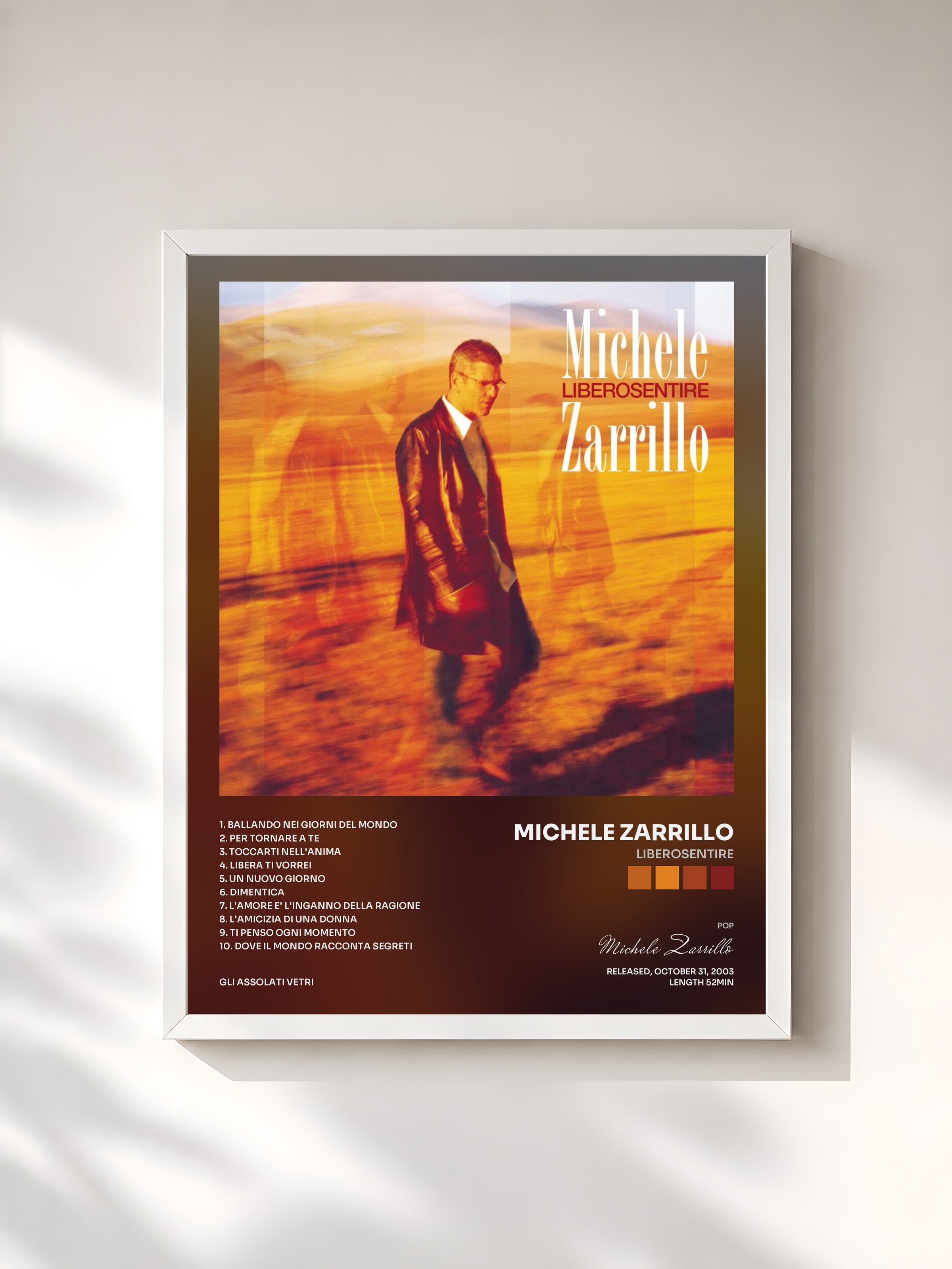#blanc Tableau de l'album LiberoSentire de Michele Zarrillo, cadre blanc, imprimé et encadré en France