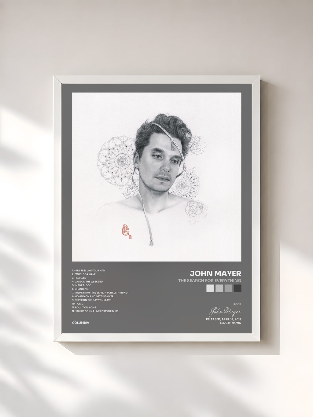 #blanc Tableau de l'album The Search for Everything de John Mayer, cadre blanc, imprimé et encadré en France