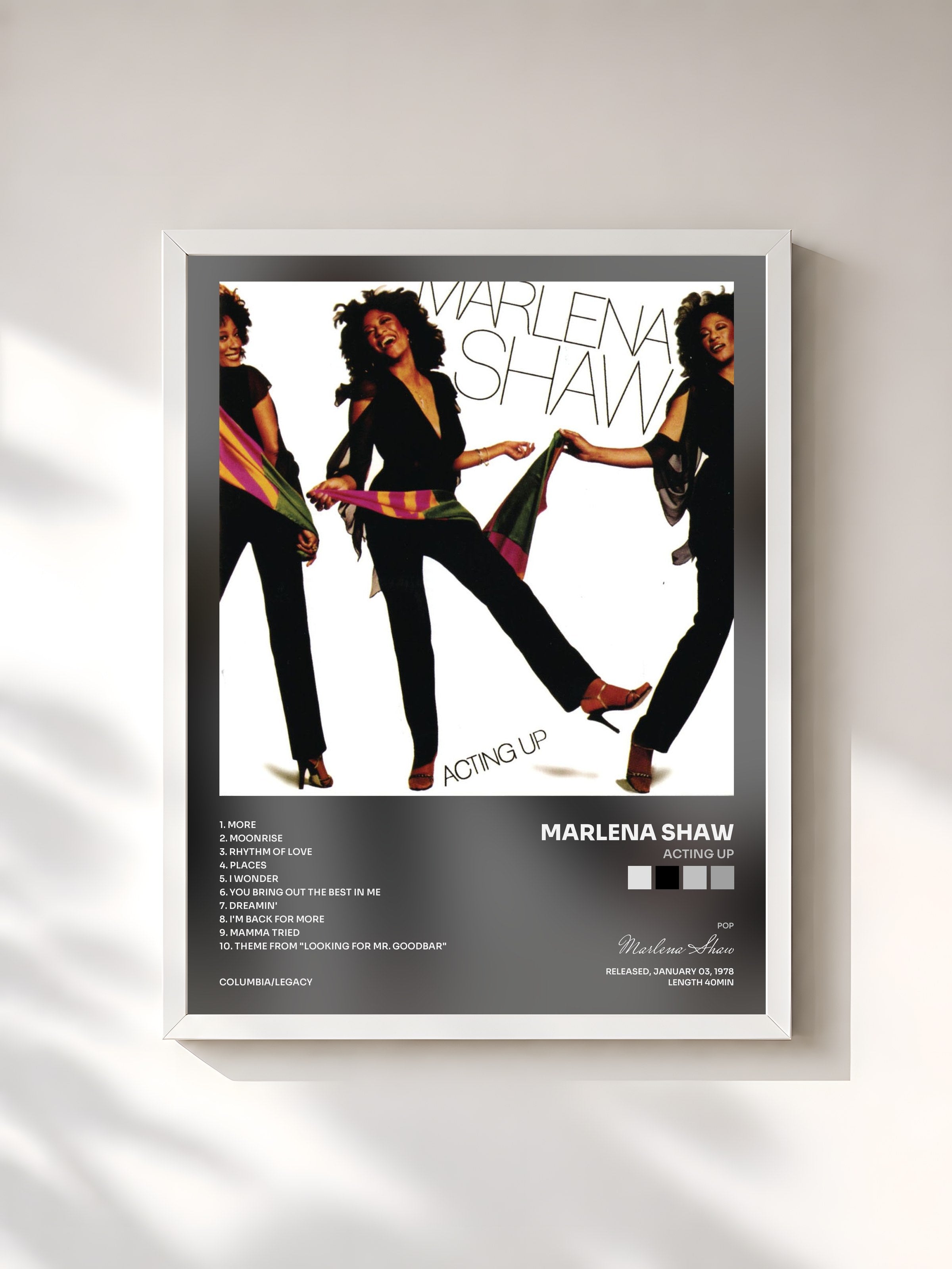 #blanc Tableau de l'album Acting Up de Marlena Shaw, cadre blanc, imprimé et encadré en France