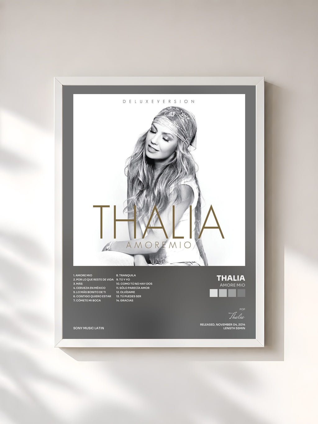 #blanc Tableau de l'album Amore Mio de Thalia, cadre blanc, imprimé et encadré en France