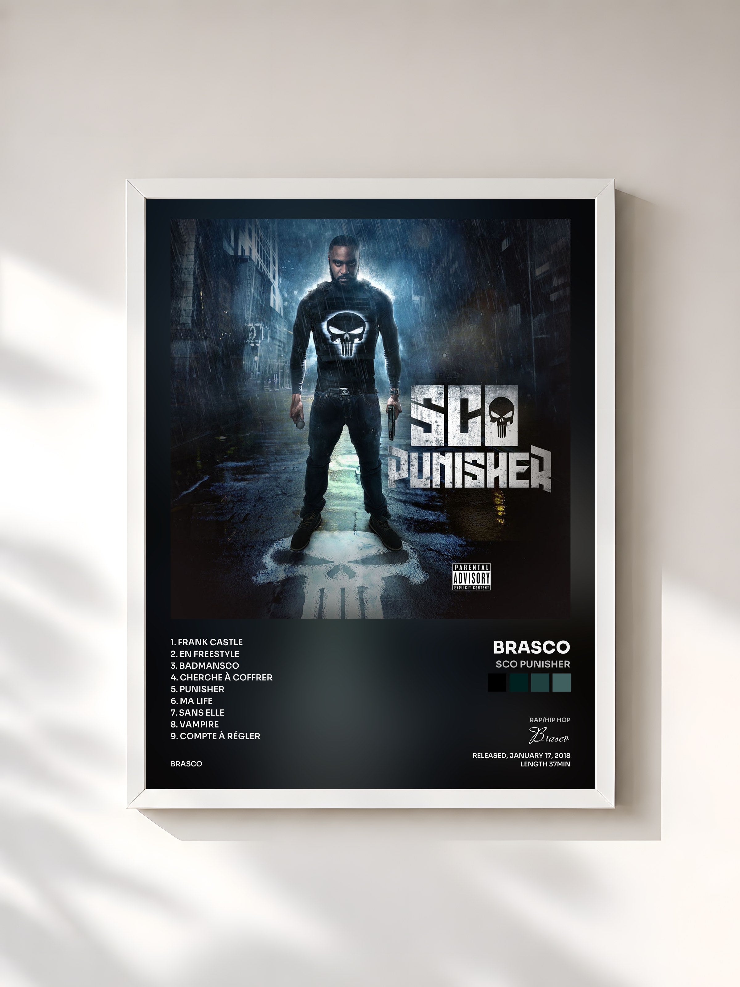 #blanc Tableau de l'album Sco Punisher de Brasco, cadre blanc, imprimé et encadré en France