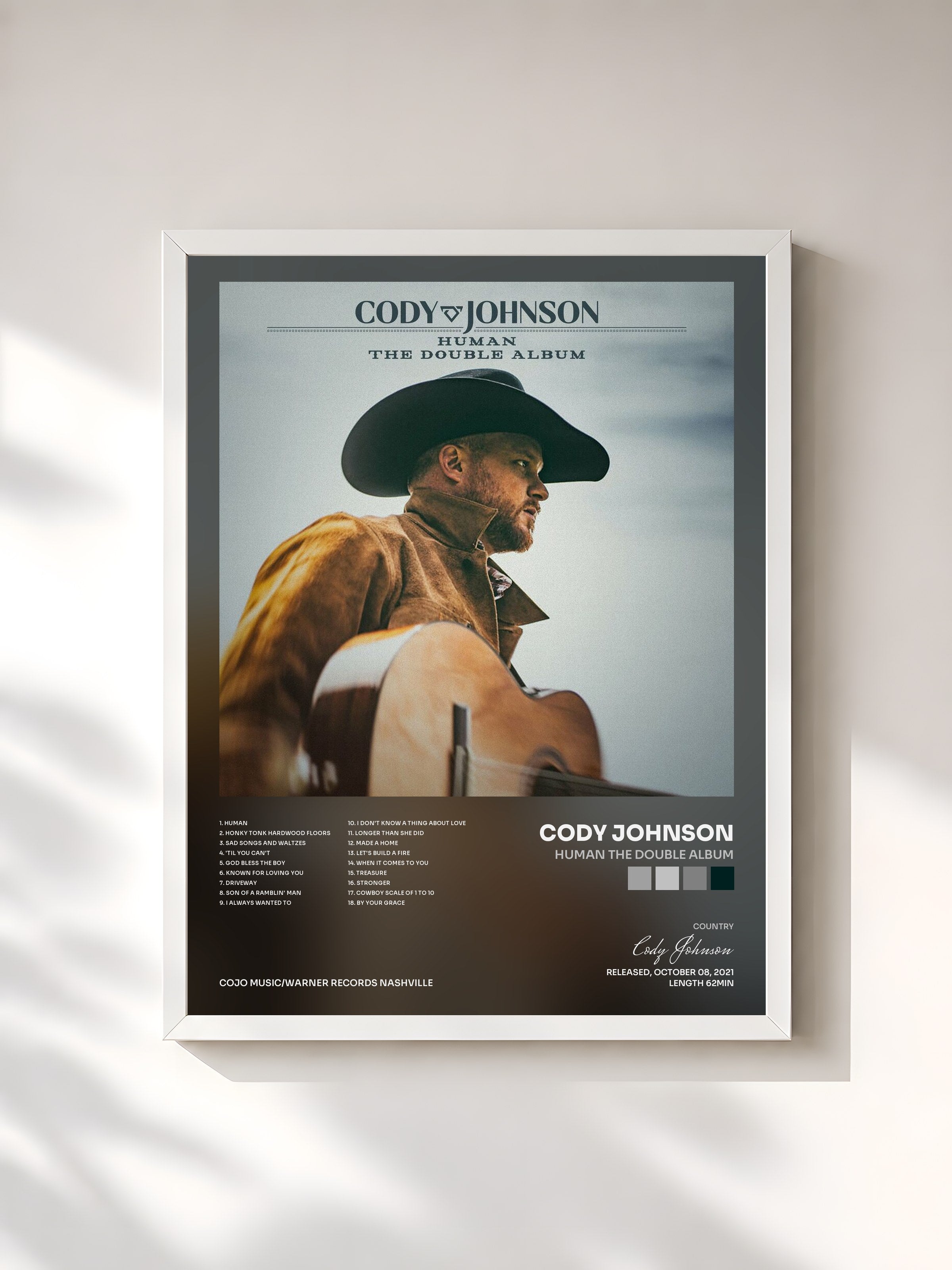 #blanc Tableau de l'album Human The Double Album de Cody Johnson, cadre blanc, imprimé et encadré en France