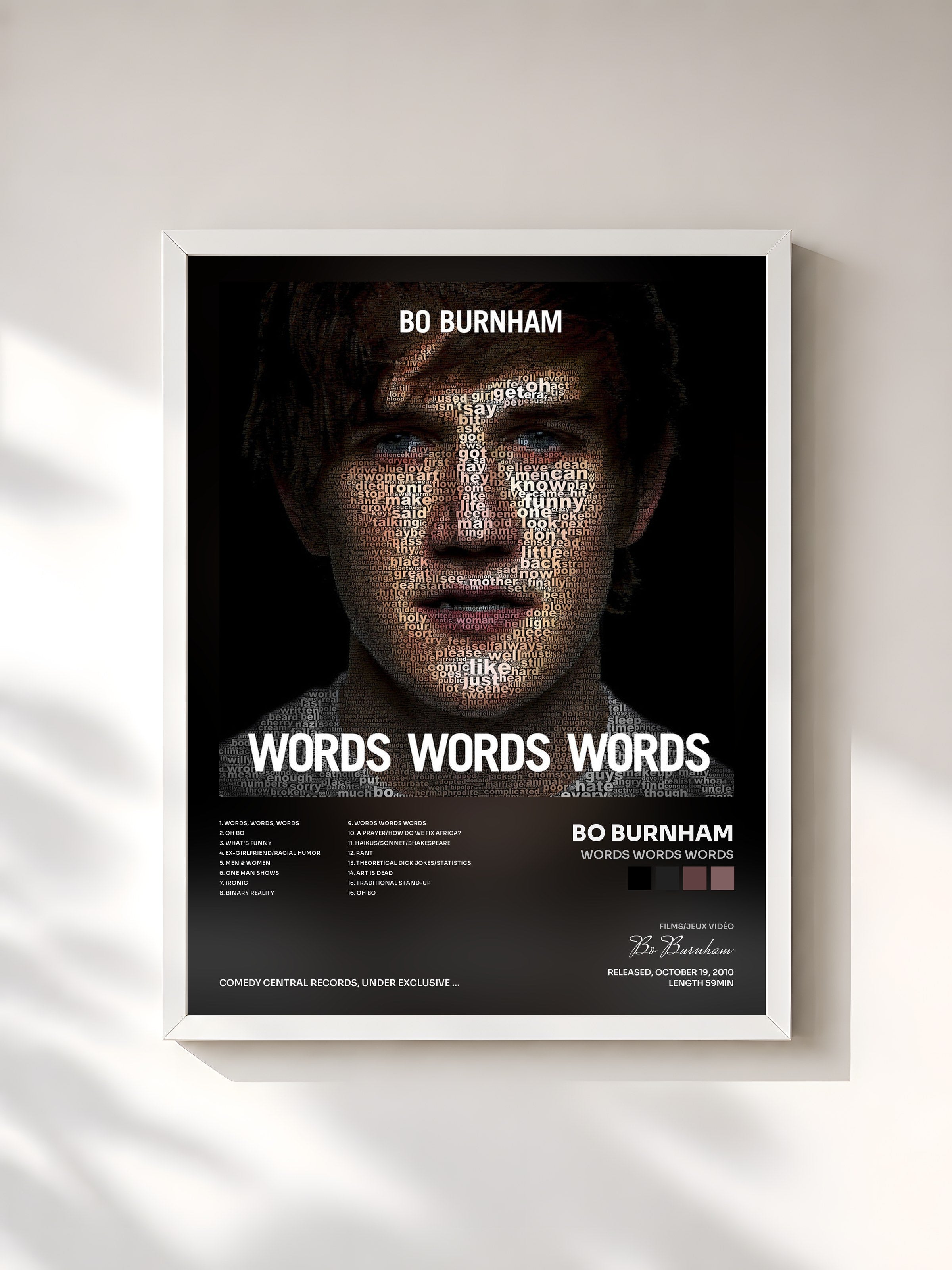 #blanc Tableau de l'album Words Words Words de Bo Burnham, cadre blanc, imprimé et encadré en France