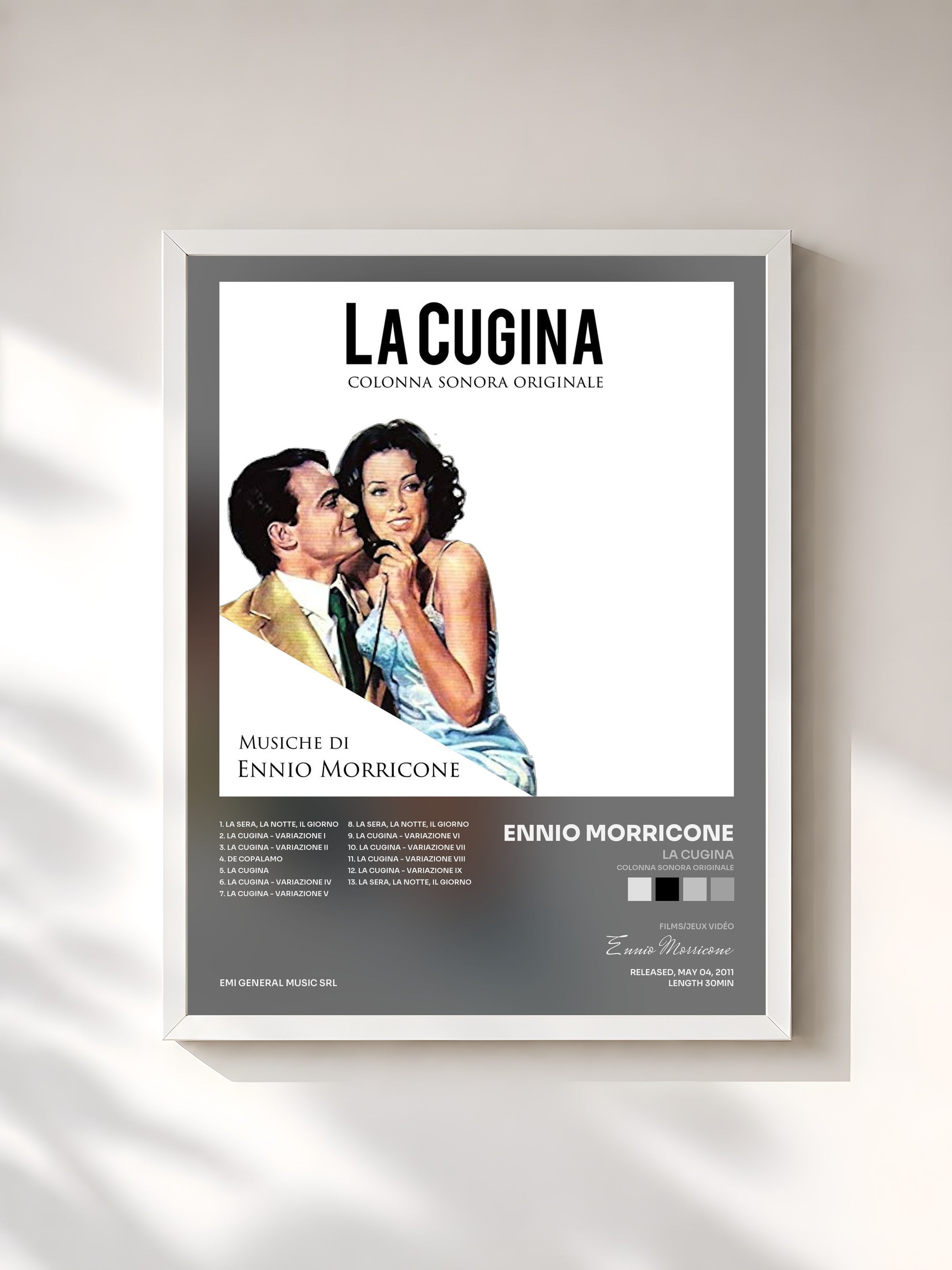 #blanc Tableau de l'album La Cugina (Colonna sonora originale) de Ennio Morricone, cadre blanc, imprimé et encadré en France