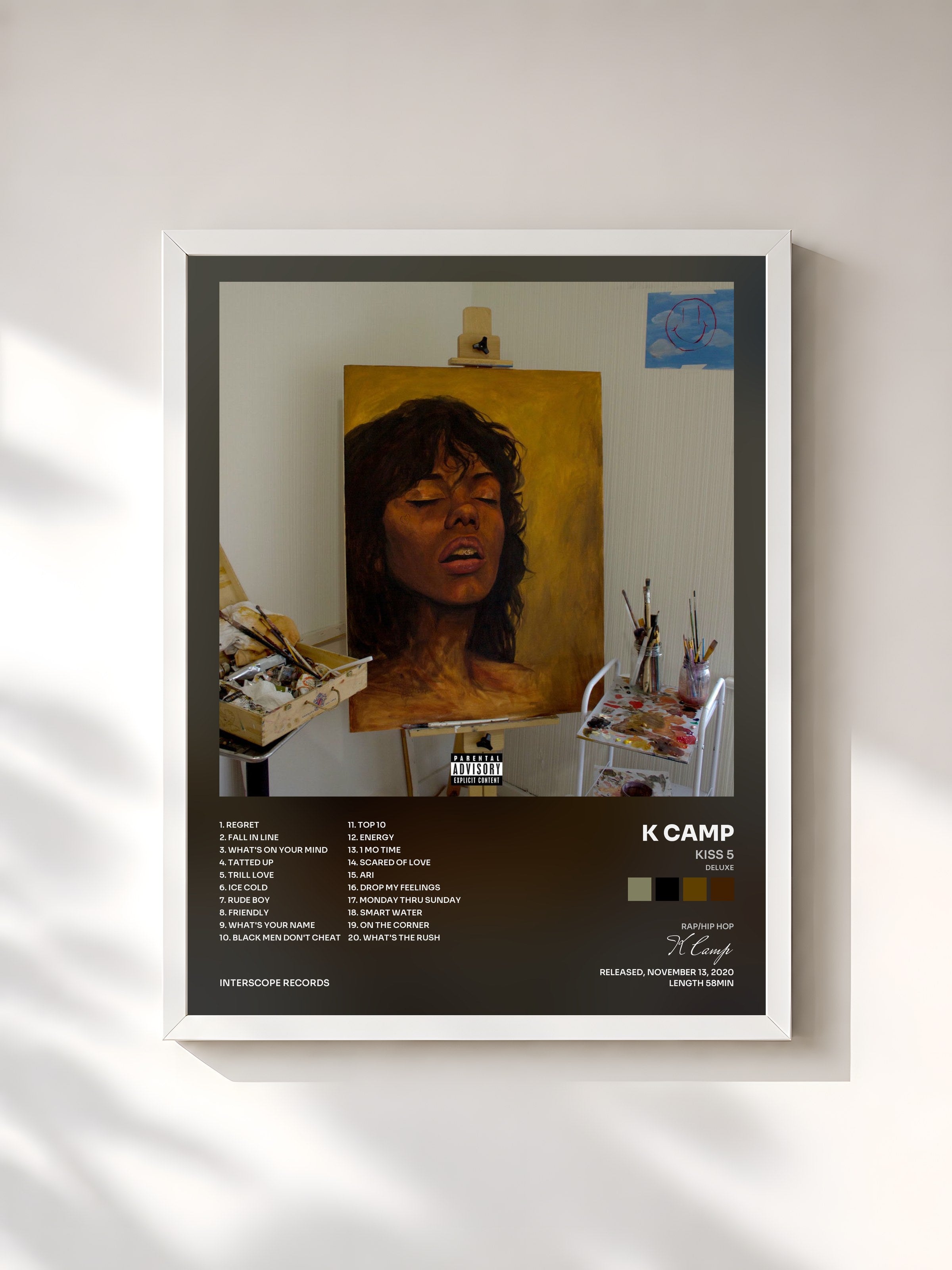 #blanc Tableau de l'album Kiss 5 (Deluxe) de K Camp, cadre blanc, imprimé et encadré en France