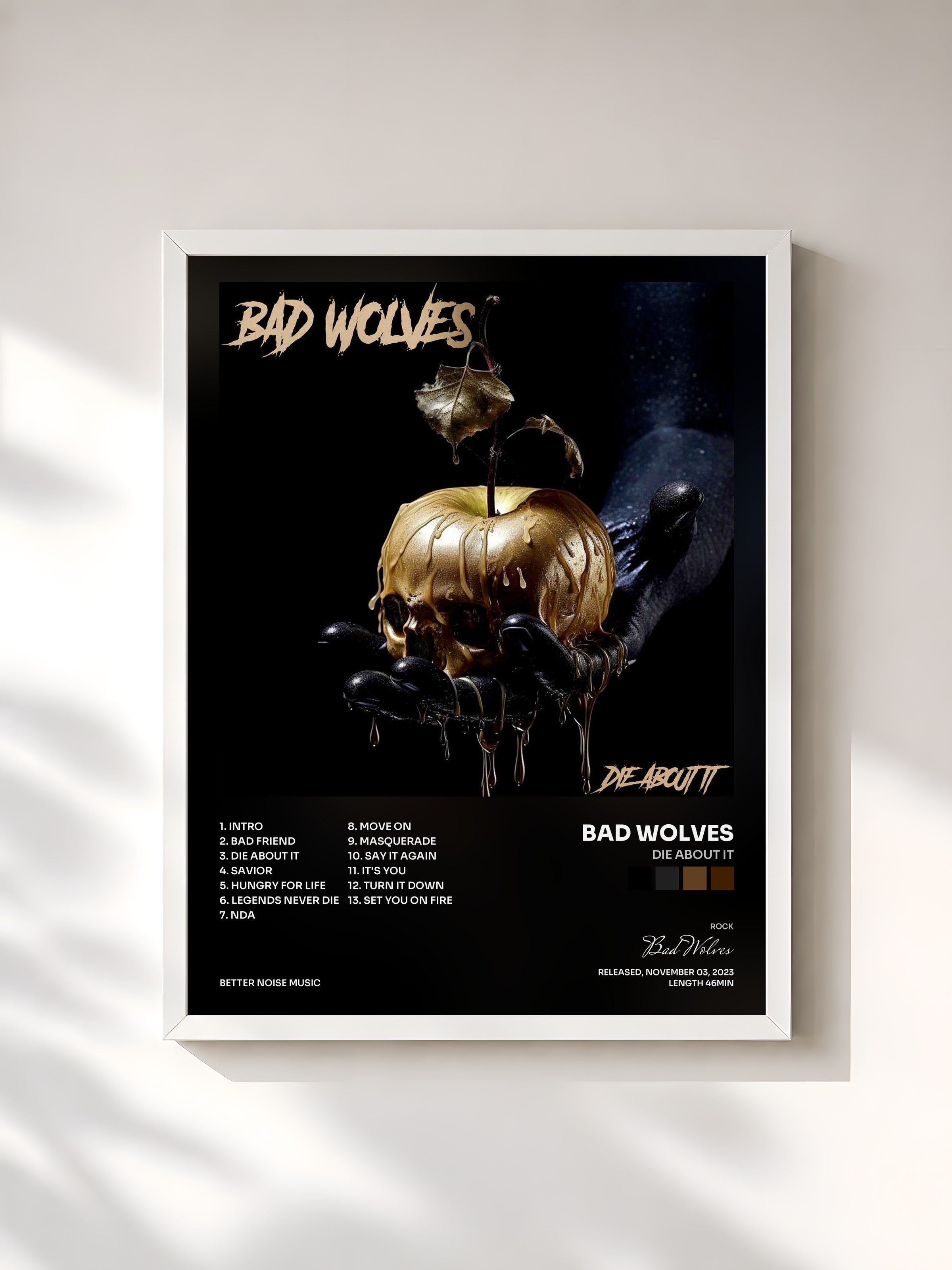 #blanc Tableau de l'album Die About It de Bad Wolves, cadre blanc, imprimé et encadré en France