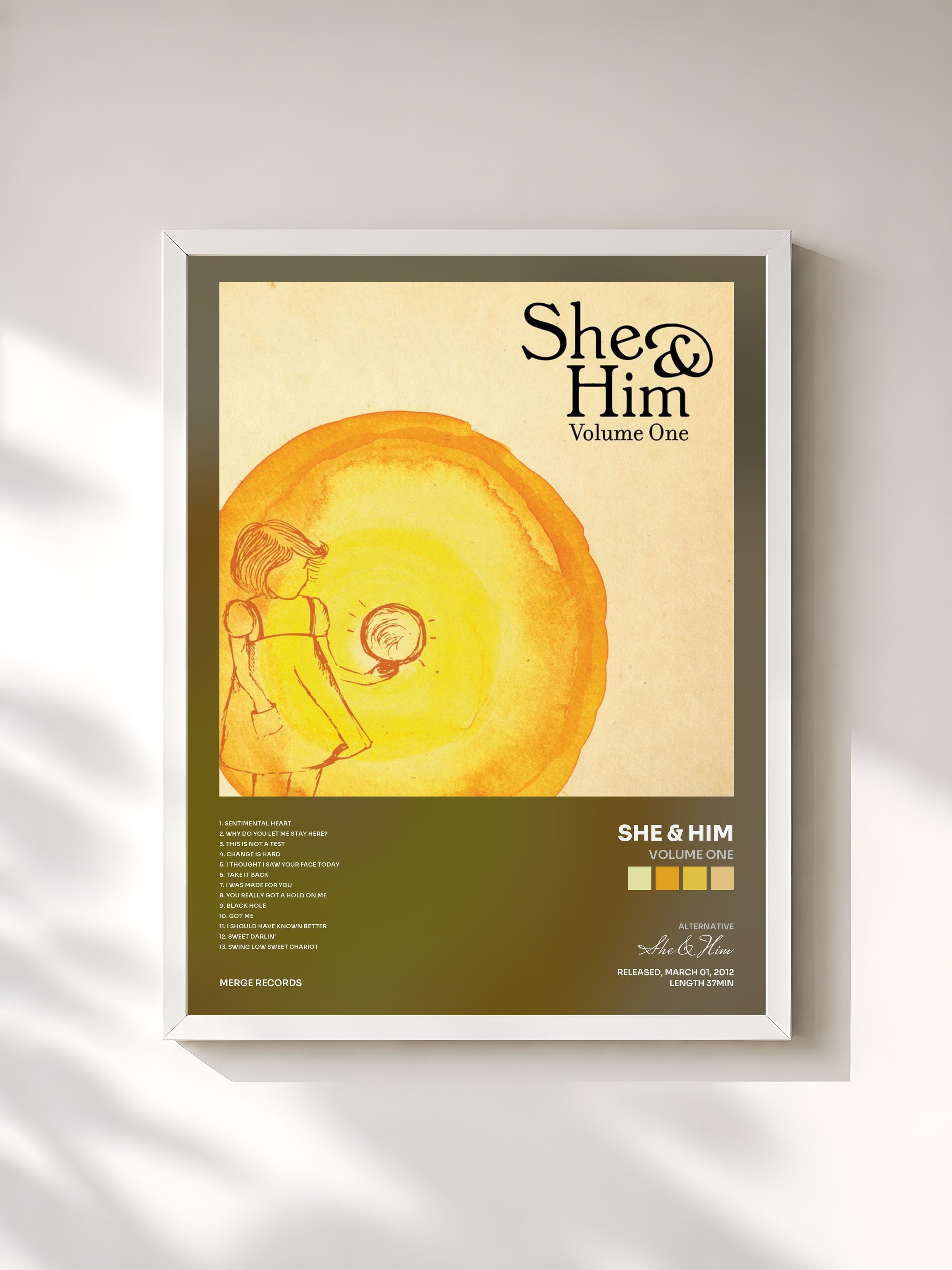 #blanc Tableau de l'album Volume One de She & Him, cadre blanc, imprimé et encadré en France