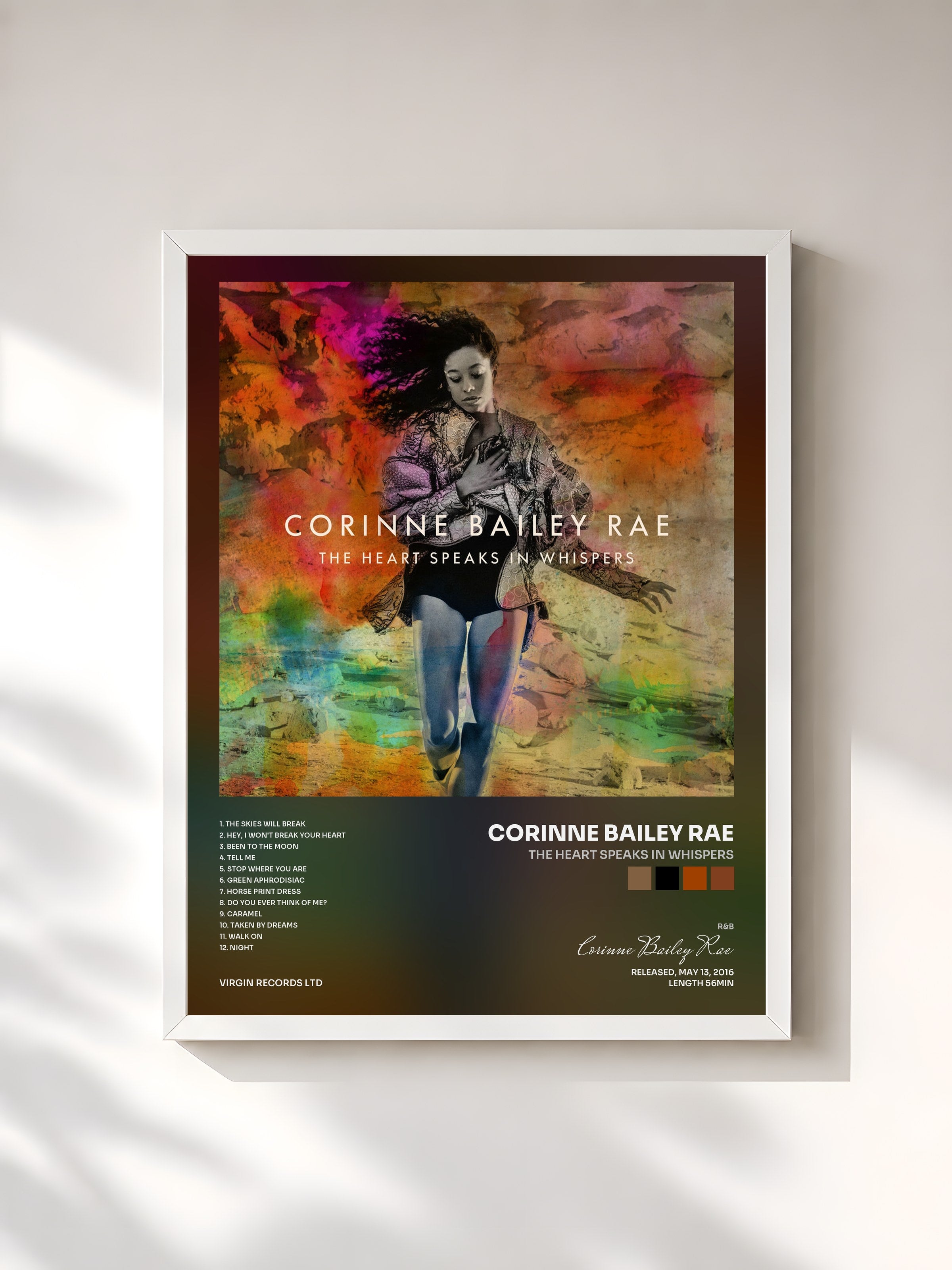 #blanc Tableau de l'album The Heart Speaks In Whispers de Corinne Bailey Rae, cadre blanc, imprimé et encadré en France