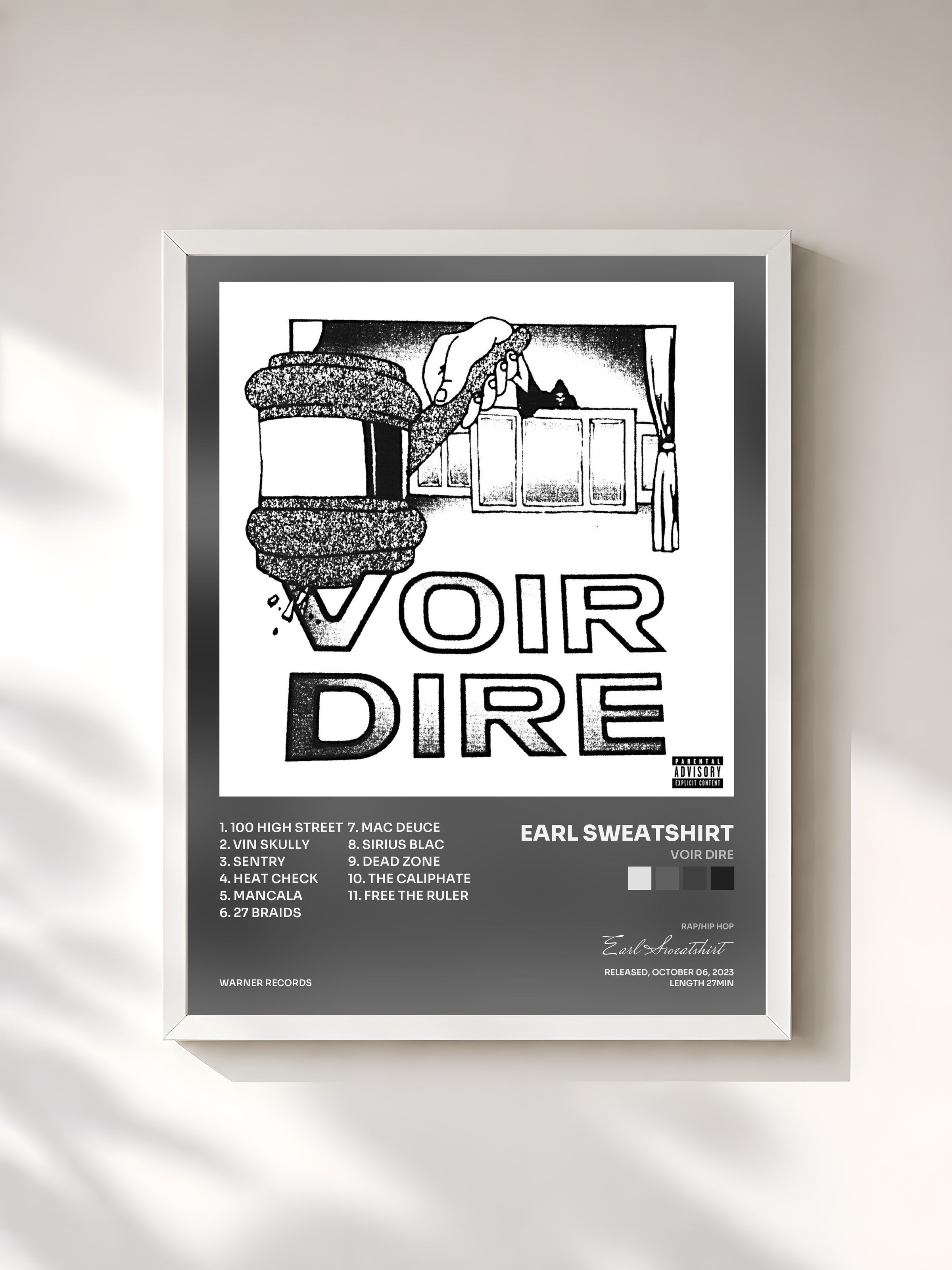 #blanc Tableau de l'album VOIR DIRE de Earl Sweatshirt, cadre blanc, imprimé et encadré en France