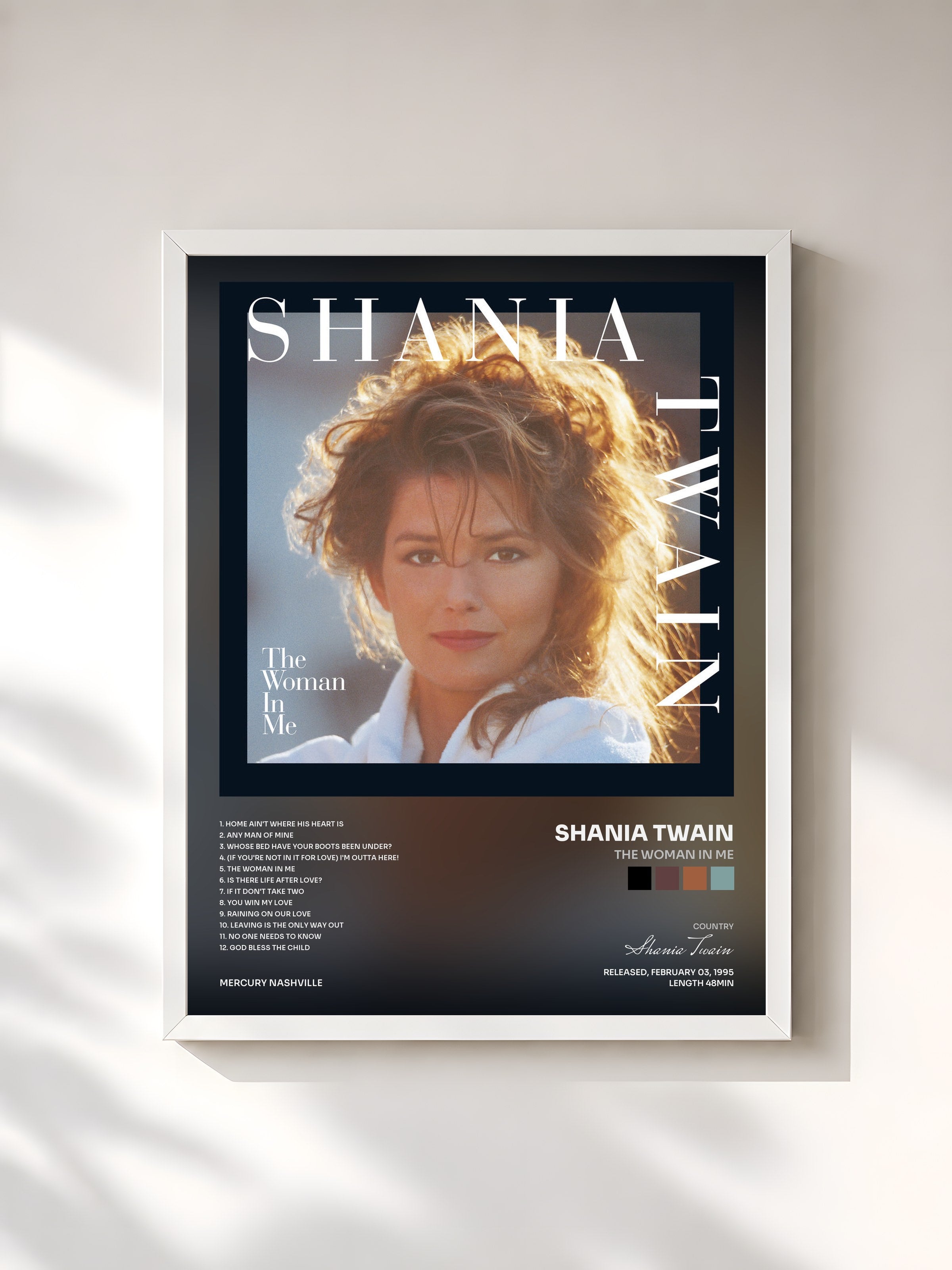 #blanc Tableau de l'album The Woman In Me de Shania Twain, cadre blanc, imprimé et encadré en France