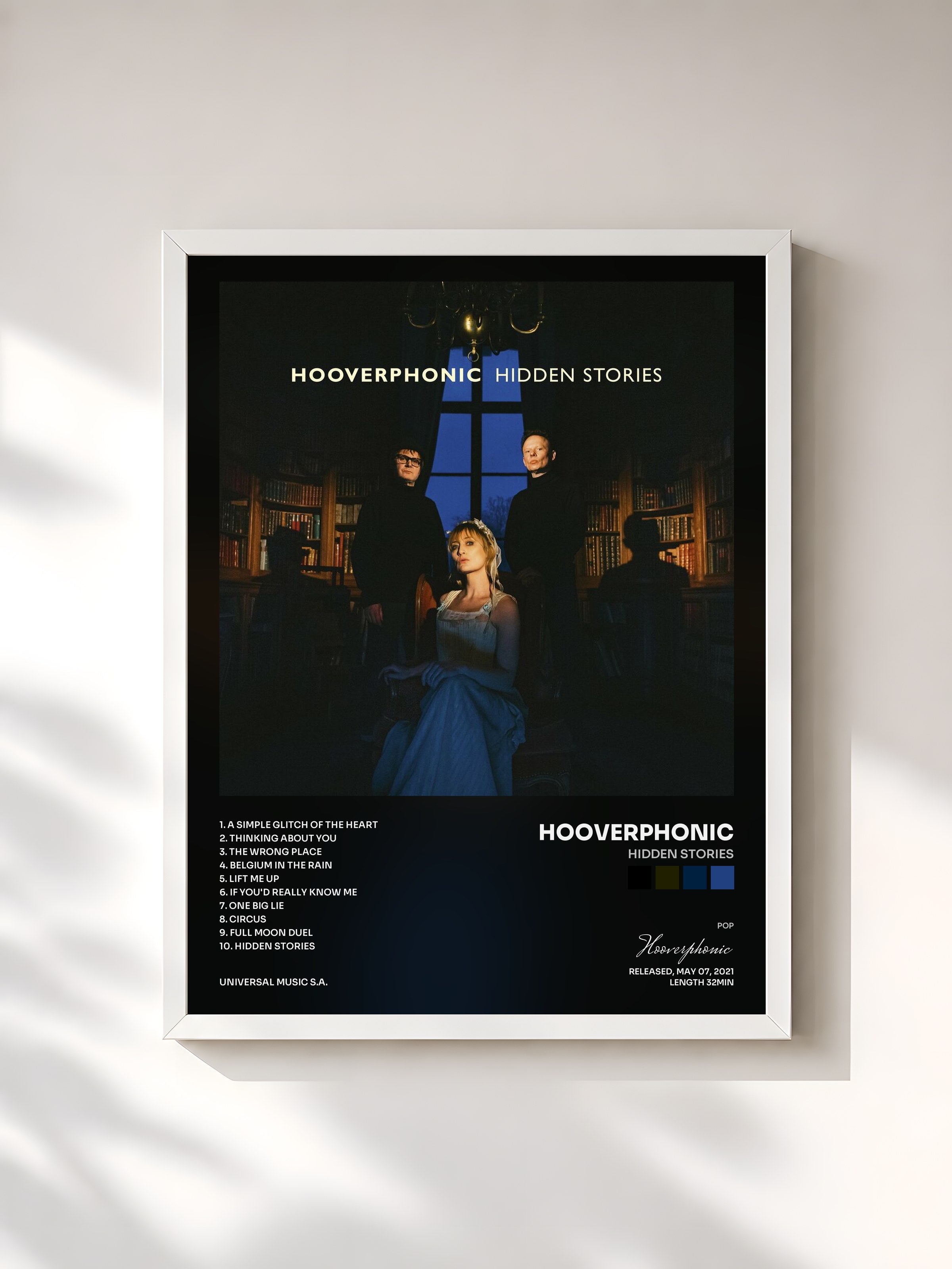 #blanc Tableau de l'album Hidden Stories de Hooverphonic, cadre blanc, imprimé et encadré en France