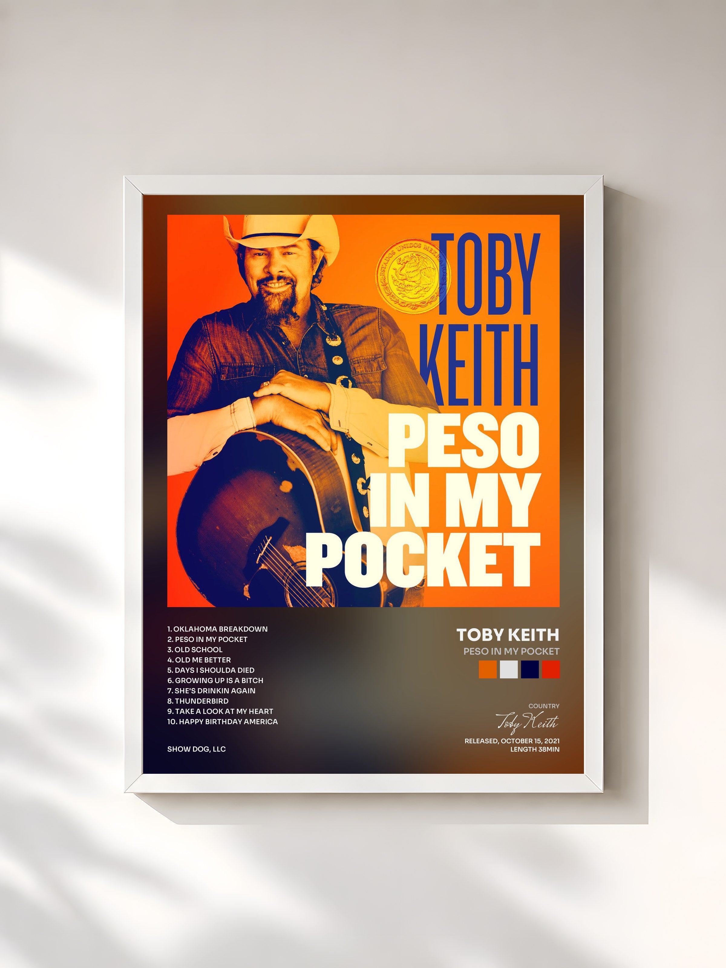 #blanc Tableau de l'album Peso in My Pocket de Toby Keith, cadre blanc, imprimé et encadré en France
