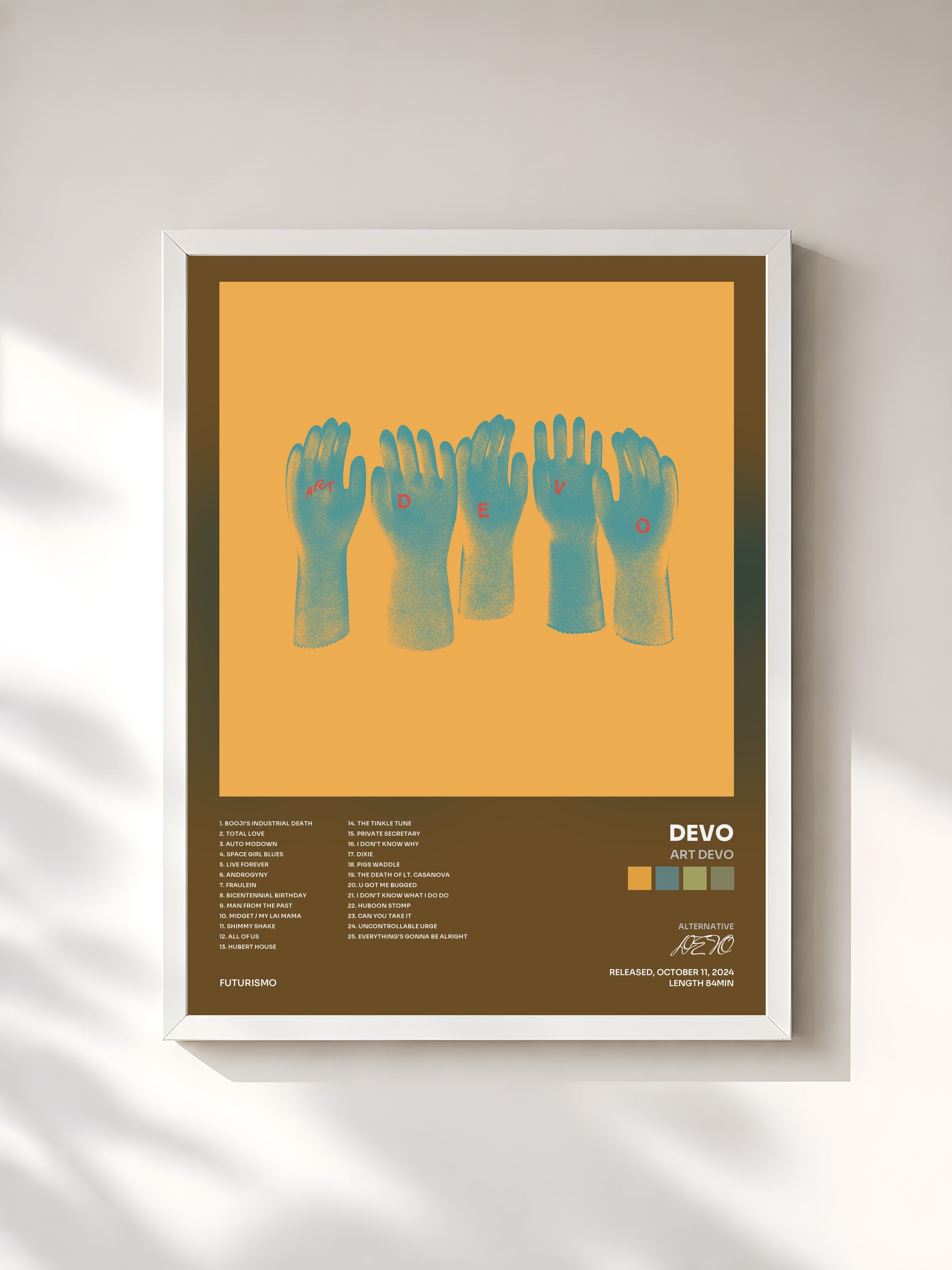 #blanc Tableau de l'album Art Devo de DEVO, cadre blanc, imprimé et encadré en France
