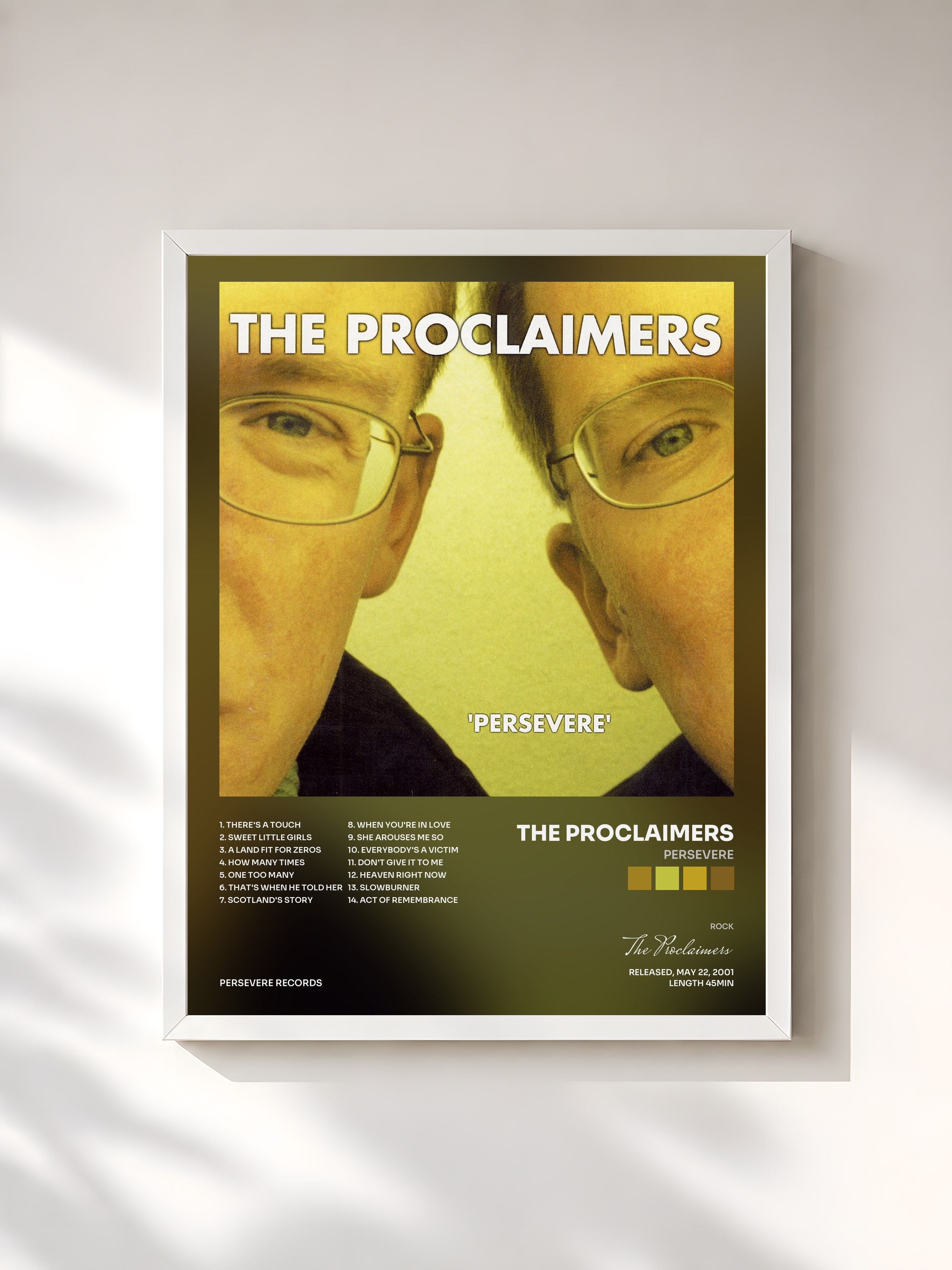#blanc Tableau de l'album Persevere de The Proclaimers, cadre blanc, imprimé et encadré en France