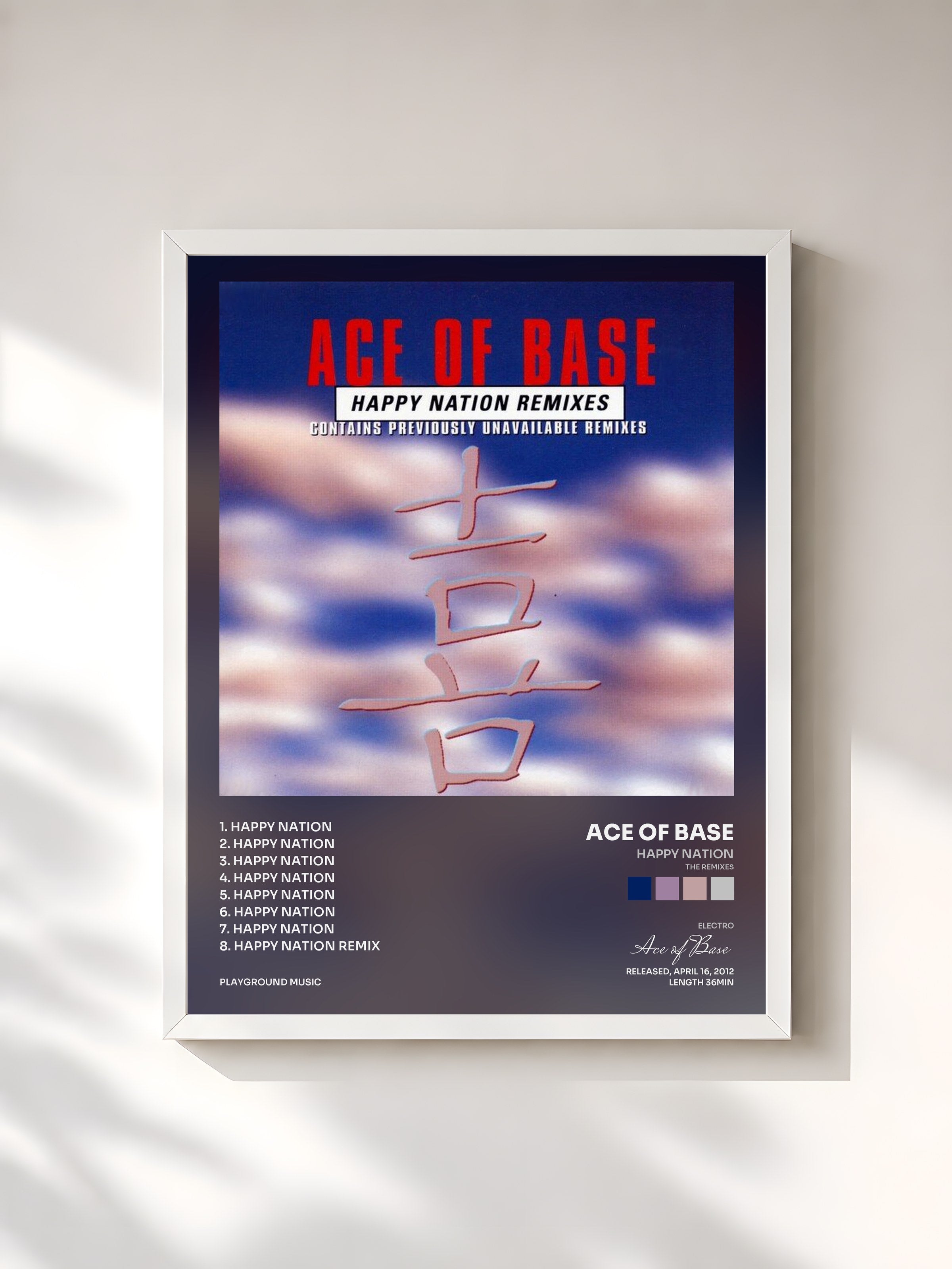#blanc Tableau de l'album Happy Nation (The Remixes) de Ace of Base, cadre blanc, imprimé et encadré en France