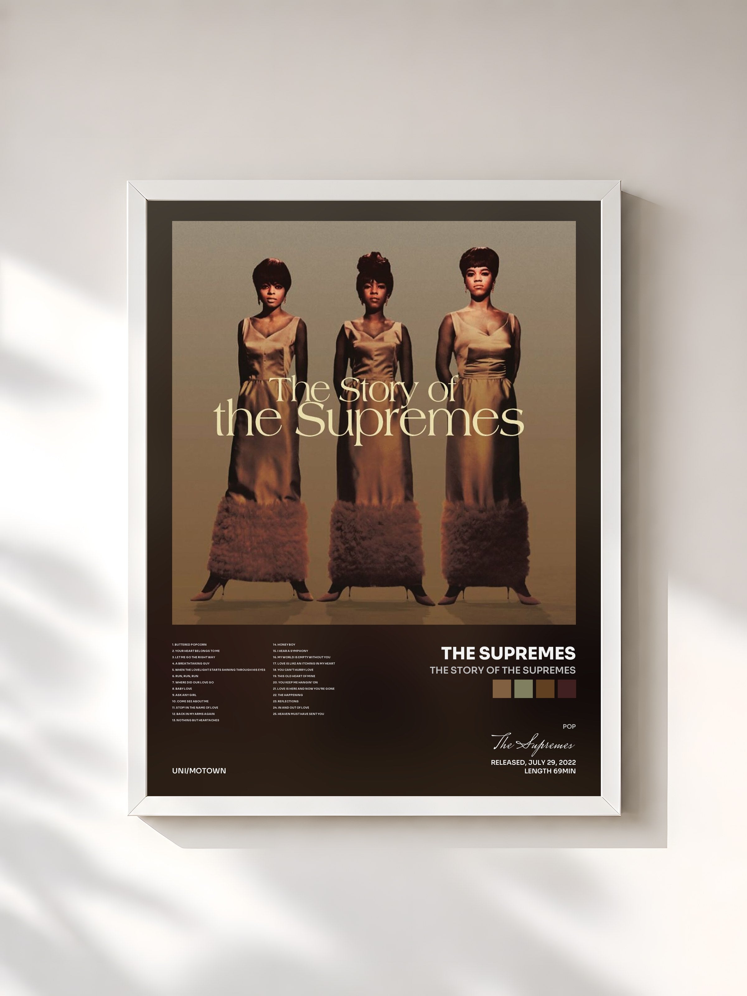 #blanc Tableau de l'album The Story Of The Supremes de The Supremes, cadre blanc, imprimé et encadré en France