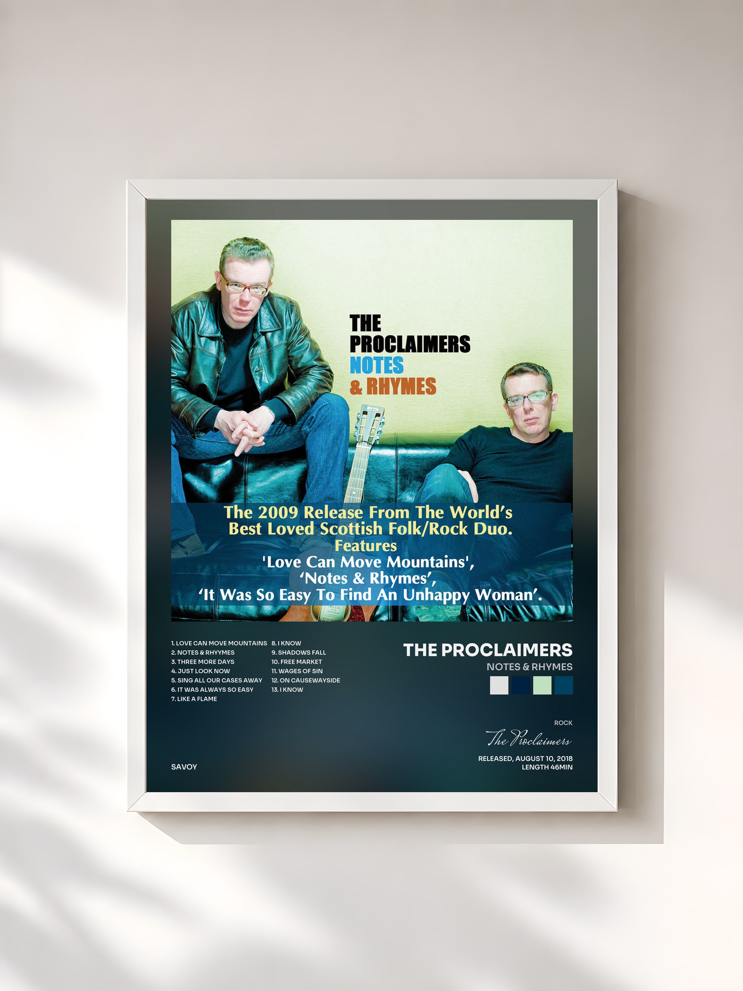 #blanc Tableau de l'album Notes & Rhymes de The Proclaimers, cadre blanc, imprimé et encadré en France