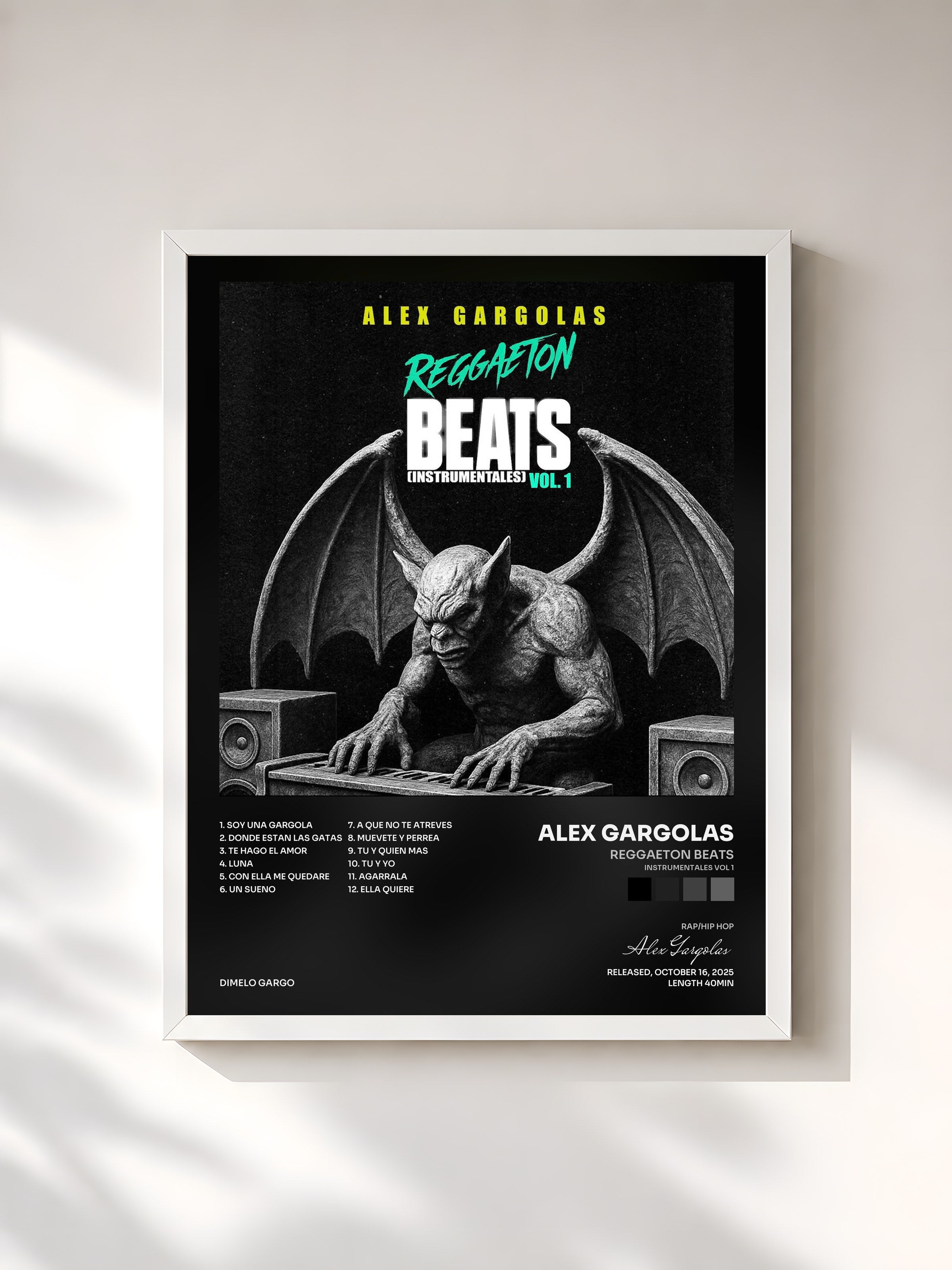 #blanc Tableau de l'album Reggaeton Beats (Instrumentales Vol 1) de Alex Gargolas, cadre blanc, imprimé et encadré en France