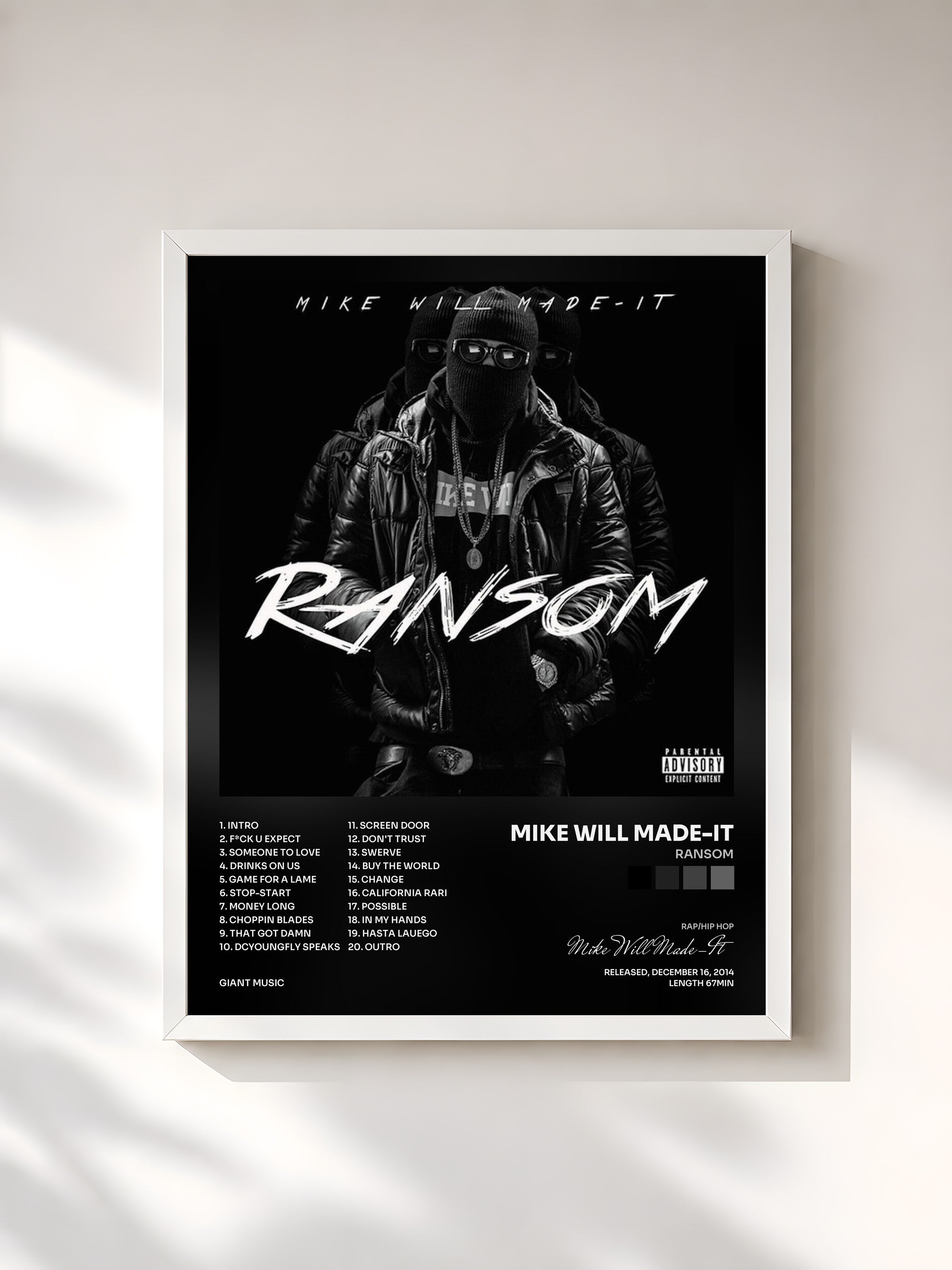 #blanc Tableau de l'album Ransom de Mike Will Made-It, cadre blanc, imprimé et encadré en France