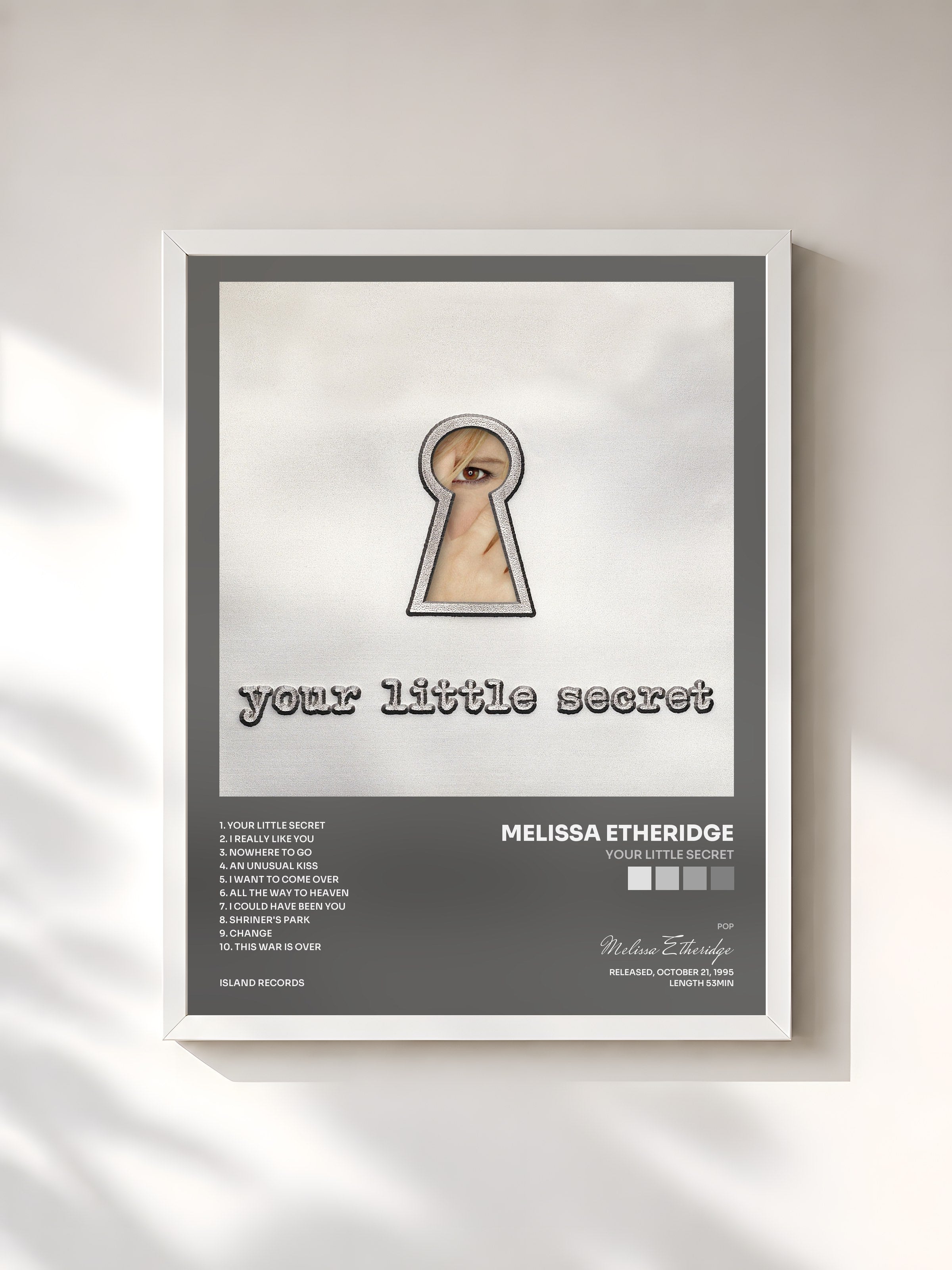 #blanc Tableau de l'album Your Little Secret de Melissa Etheridge, cadre blanc, imprimé et encadré en France