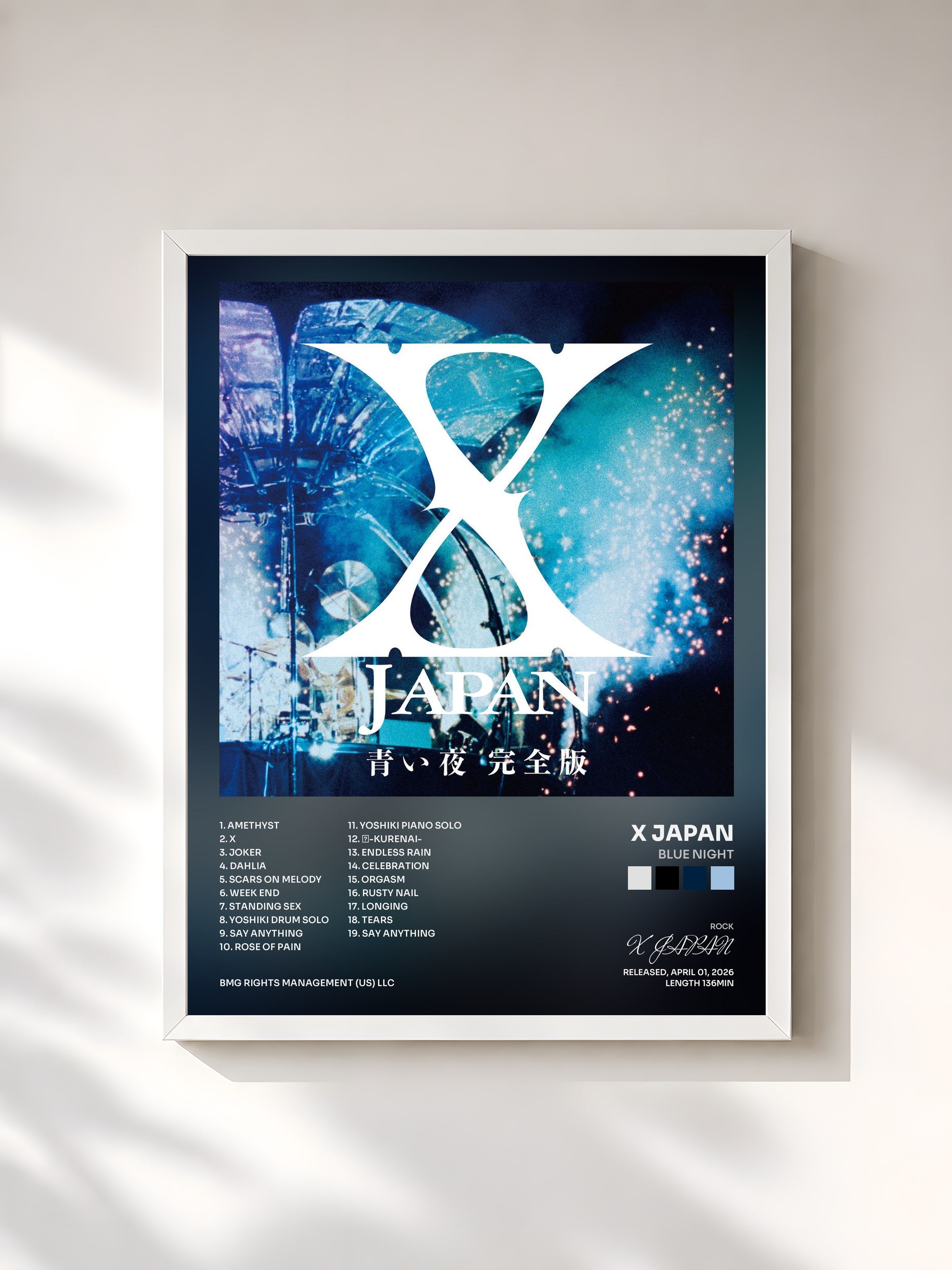 #blanc Tableau de l'album Blue Night de X JAPAN, cadre blanc, imprimé et encadré en France