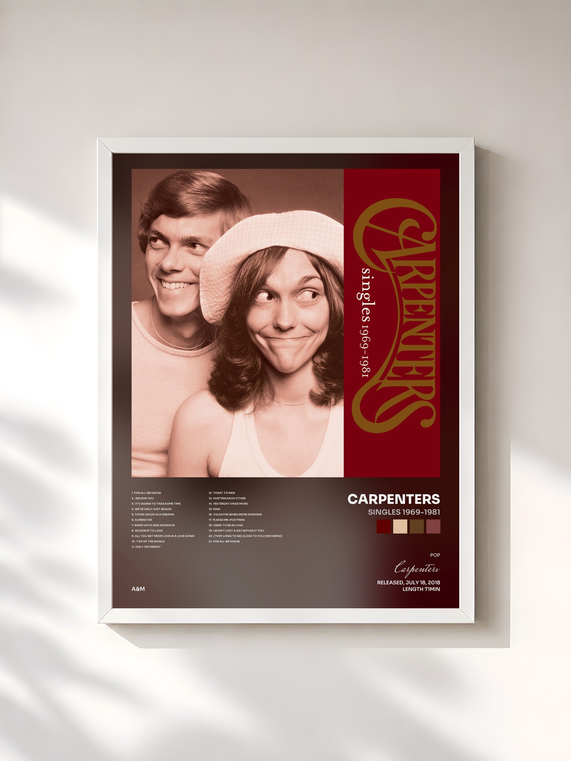 #blanc Tableau de l'album Singles 1969-1981 de Carpenters, cadre blanc, imprimé et encadré en France