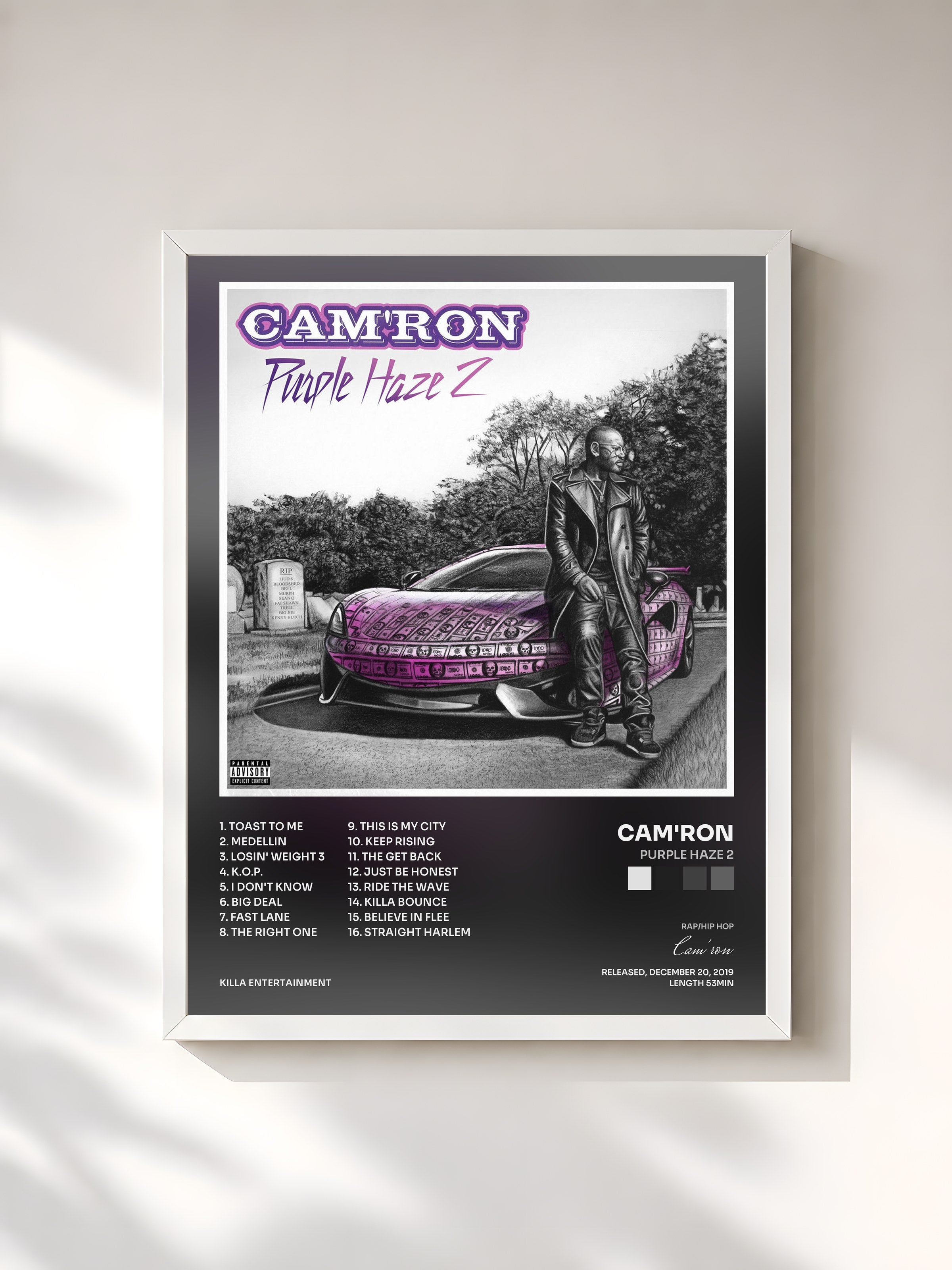 #blanc Tableau de l'album Purple Haze 2 de Cam'ron, cadre blanc, imprimé et encadré en France