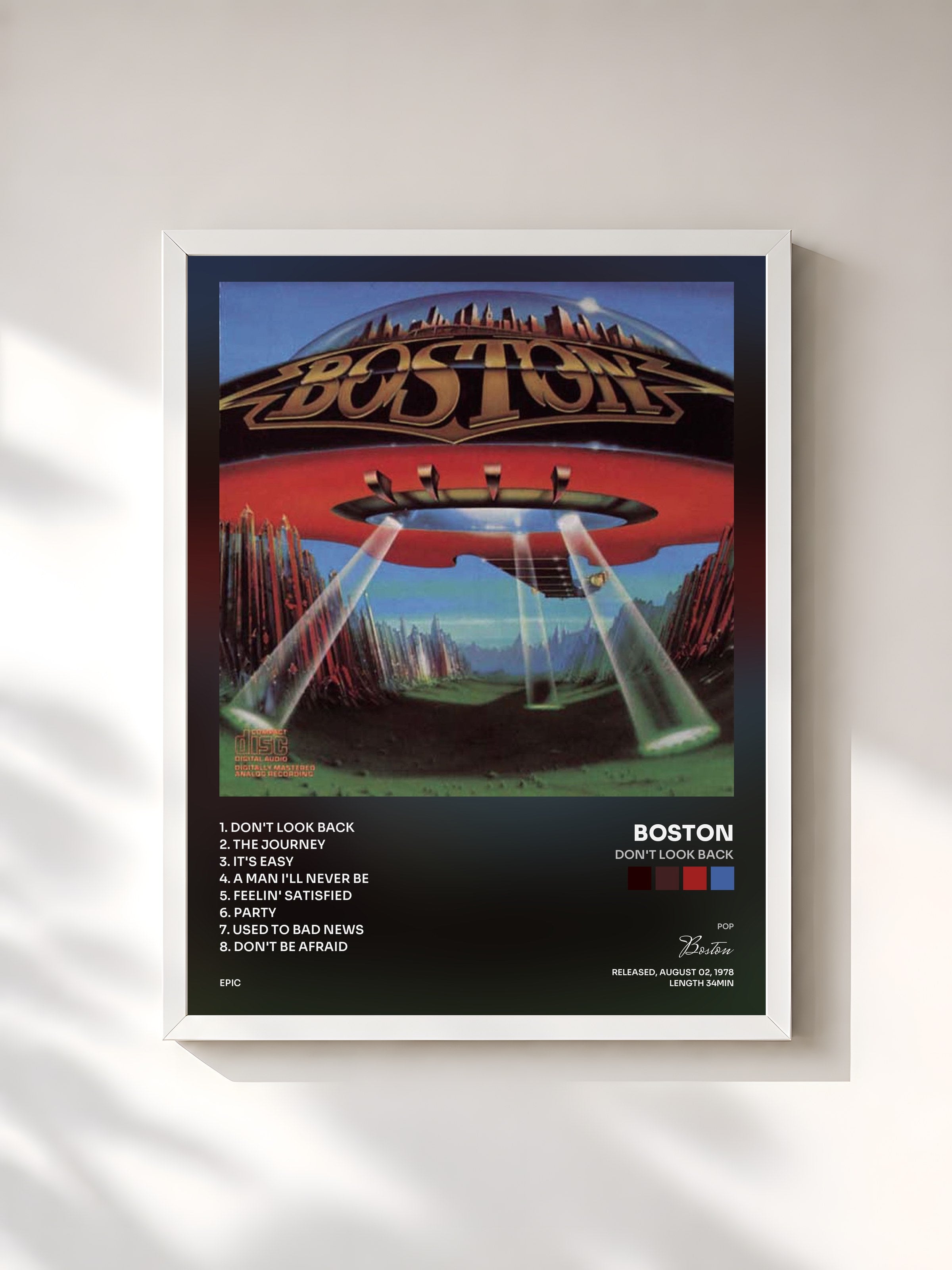 #blanc Tableau de l'album Don't Look Back de Boston, cadre blanc, imprimé et encadré en France