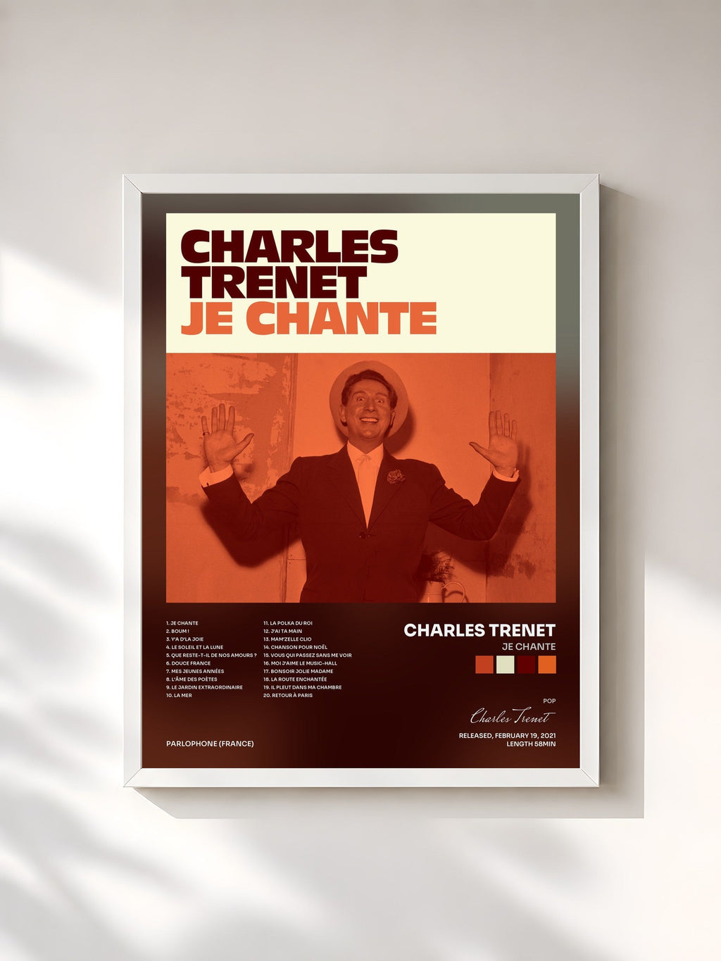 #blanc Je chante de Charles Trenet en lámina enmarcada, marco blanco, impresa y enmarcada en Francia