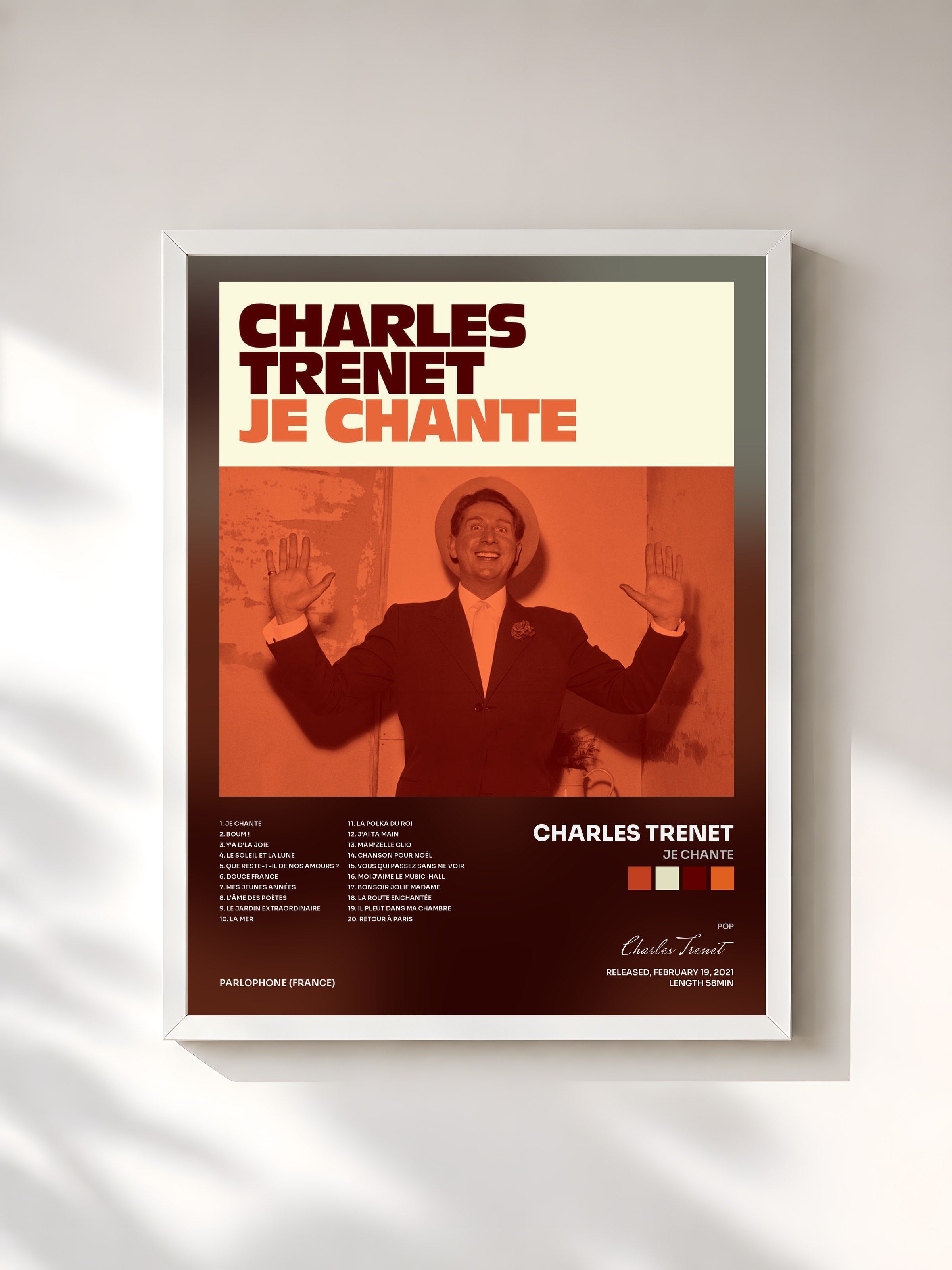 #blanc Tableau de l'album Je chante de Charles Trenet, cadre blanc, imprimé et encadré en France
