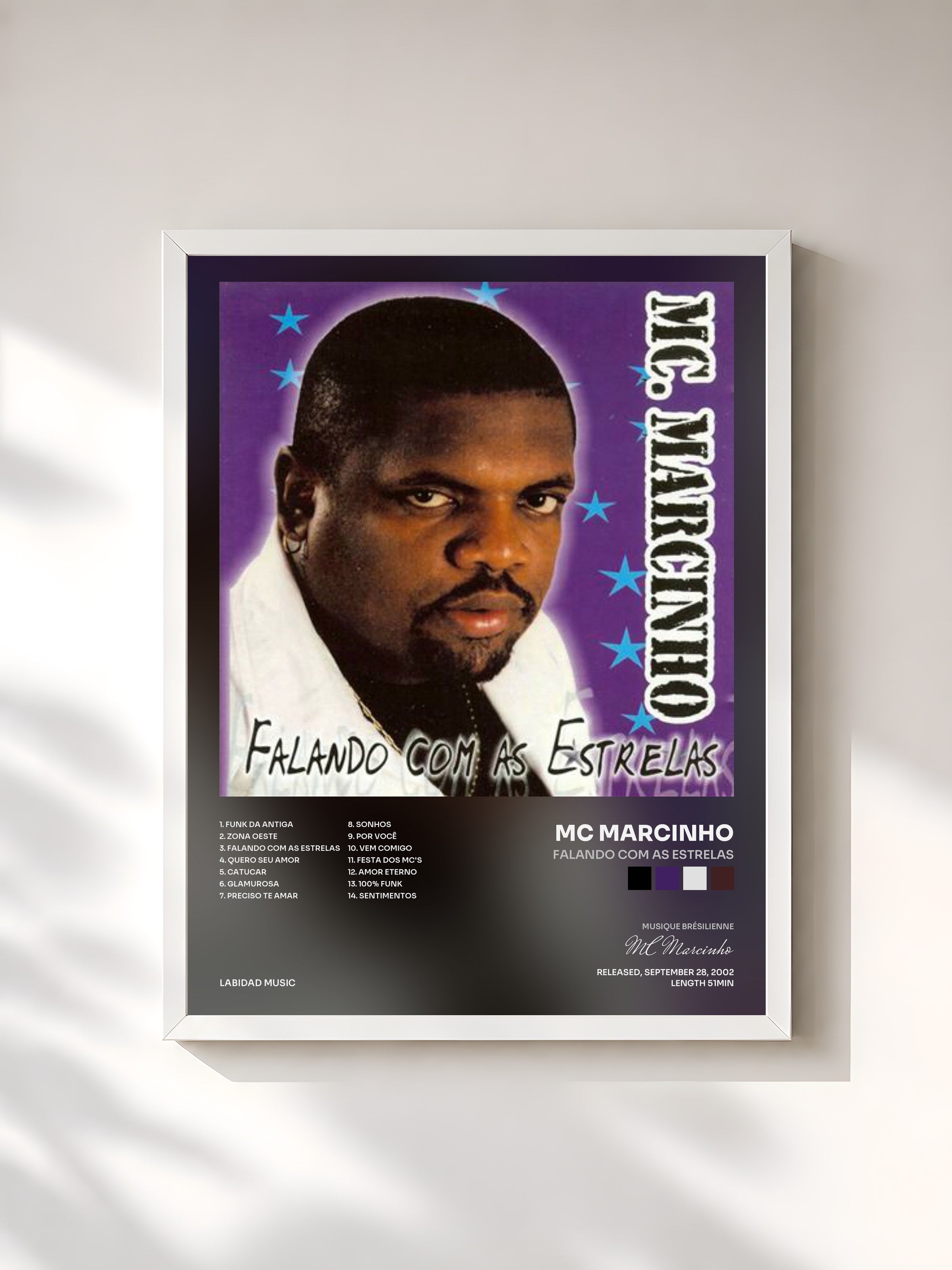 #blanc Tableau de l'album Falando Com as Estrelas de MC Marcinho, cadre blanc, imprimé et encadré en France